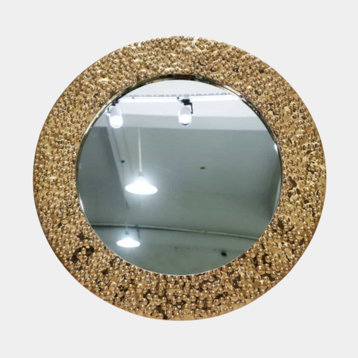 Gold Pebble-Framed Round Mirror Stainless Steel Sculpture, 110cm, textured gold frame with reflective glass center, shown against a plain white background.