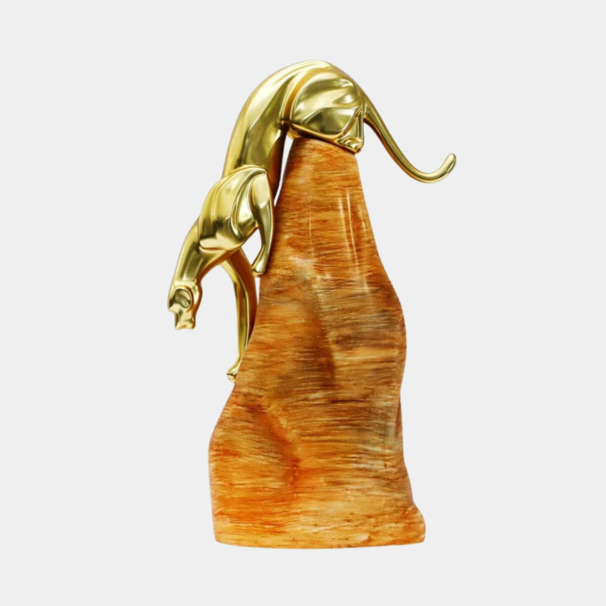 Gold Abstract Panther Stainless Steel Sculpture, 64cm, two gold panthers draped over an amber onyx stone base, shown against a plain light background.