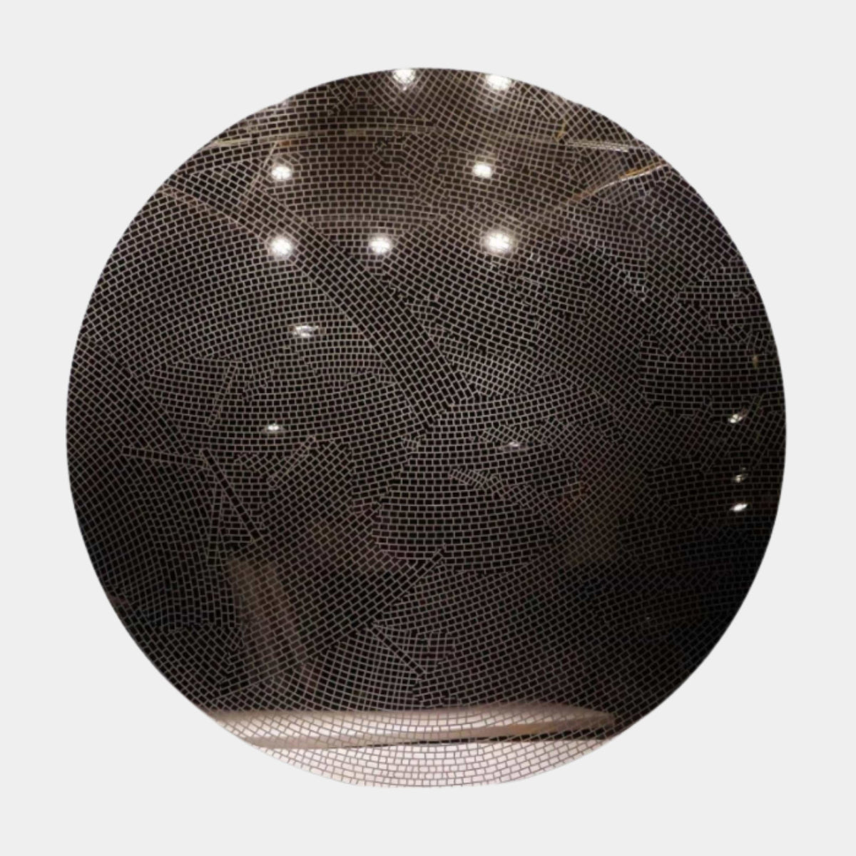 Black Perforated Mesh Disc Stainless Steel Sculpture, 200cm, circular black mesh surface reflecting scattered ceiling lights, shown against a dark interior.