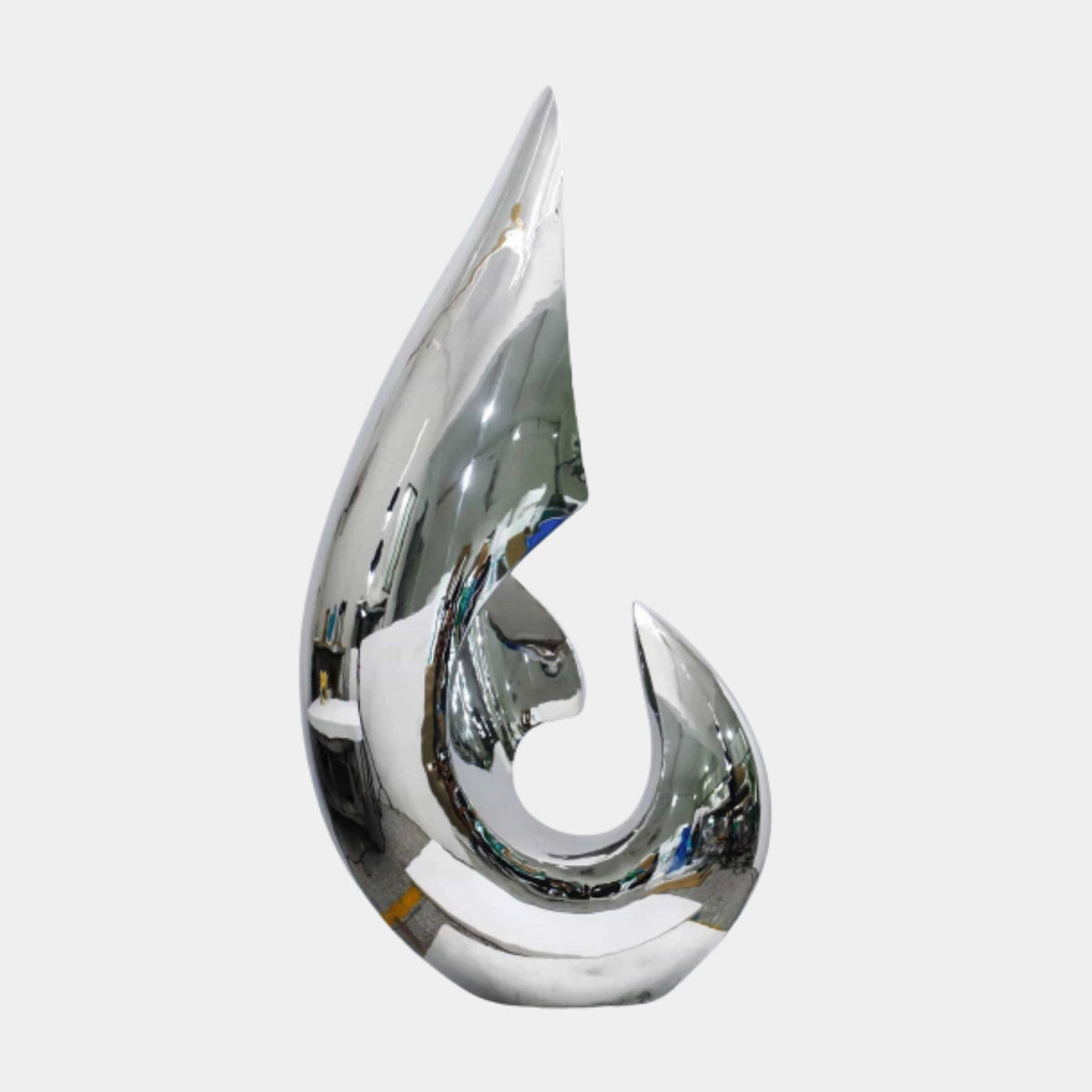 Silver Flame Curl Stainless Steel Sculpture, 150cm, polished mirror-finish abstract flame shape on a plain white background.