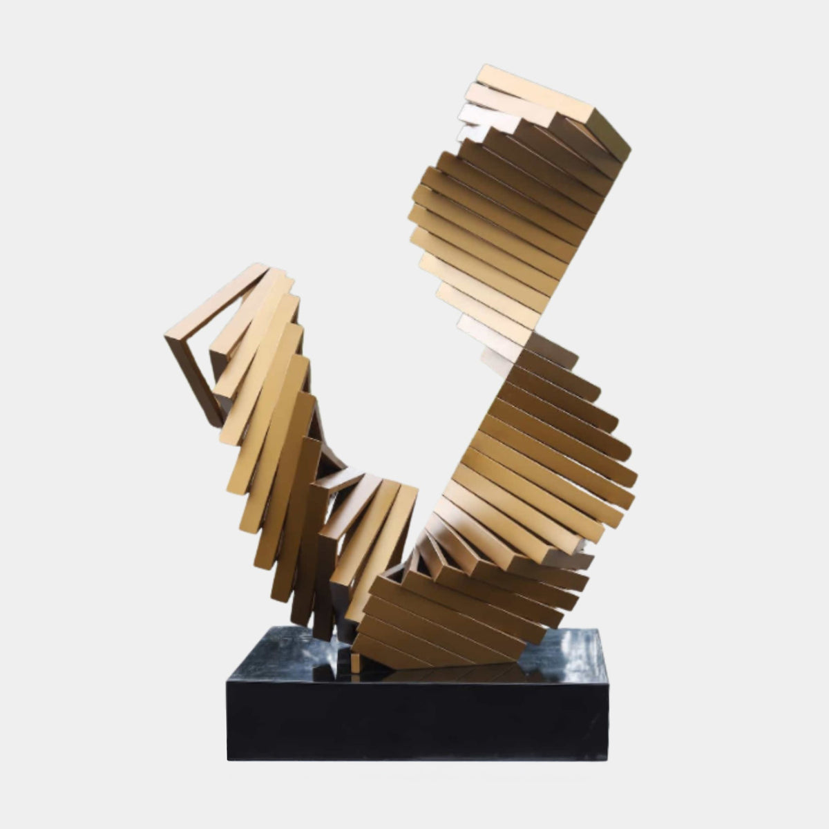Gold Abstract Open Fan Stainless Steel Sculpture, 168cm, by Giant Sculptures, twisting fan-like gold panels on a black marble base, plain light background.