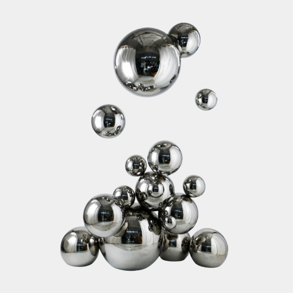 Silver Cascading Sphere Cluster Stainless Steel Sculpture, 150cm, mirror-polished spheres of varying sizes clustered and floating above, on a plain white background.