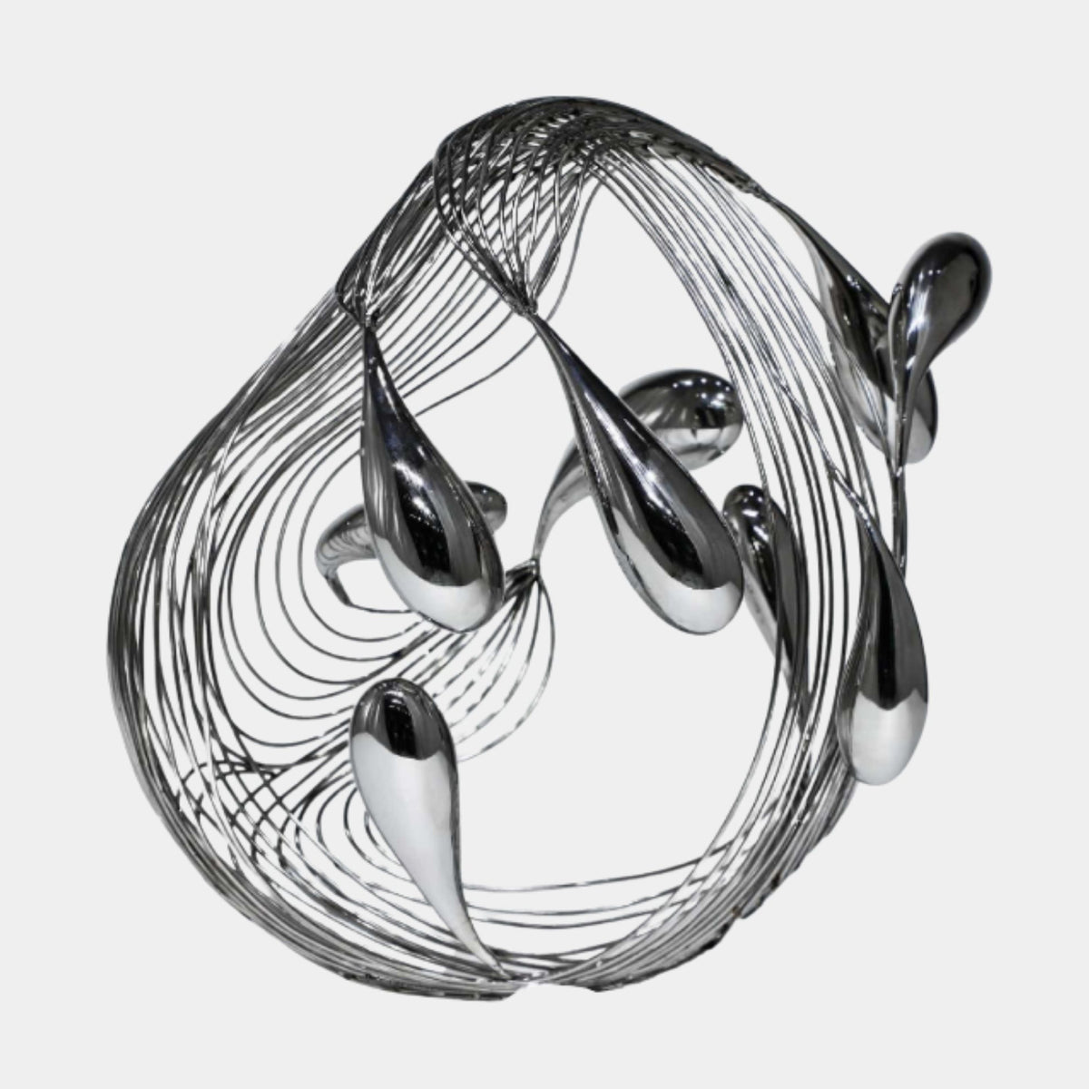 Silver Wire Spiral with Teardrops Sculpture - 45cm, stainless steel wire coils and polished teardrop forms in silver, shown on a plain white background.