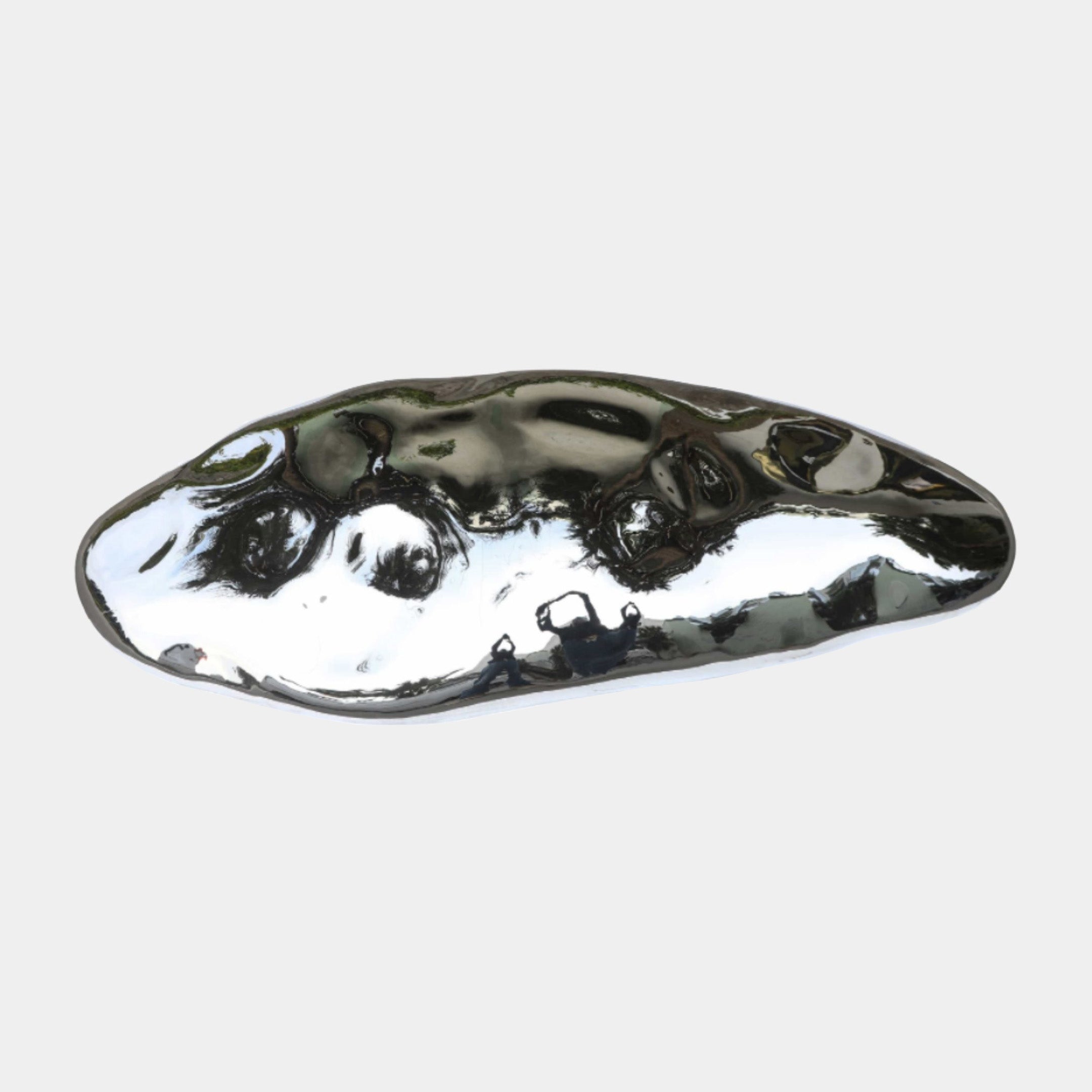 Silver Boulder Abstract Steel Sculpture - 220cm, polished stainless steel with mirror-like reflective surface, elongated organic form, on a plain light grey background.