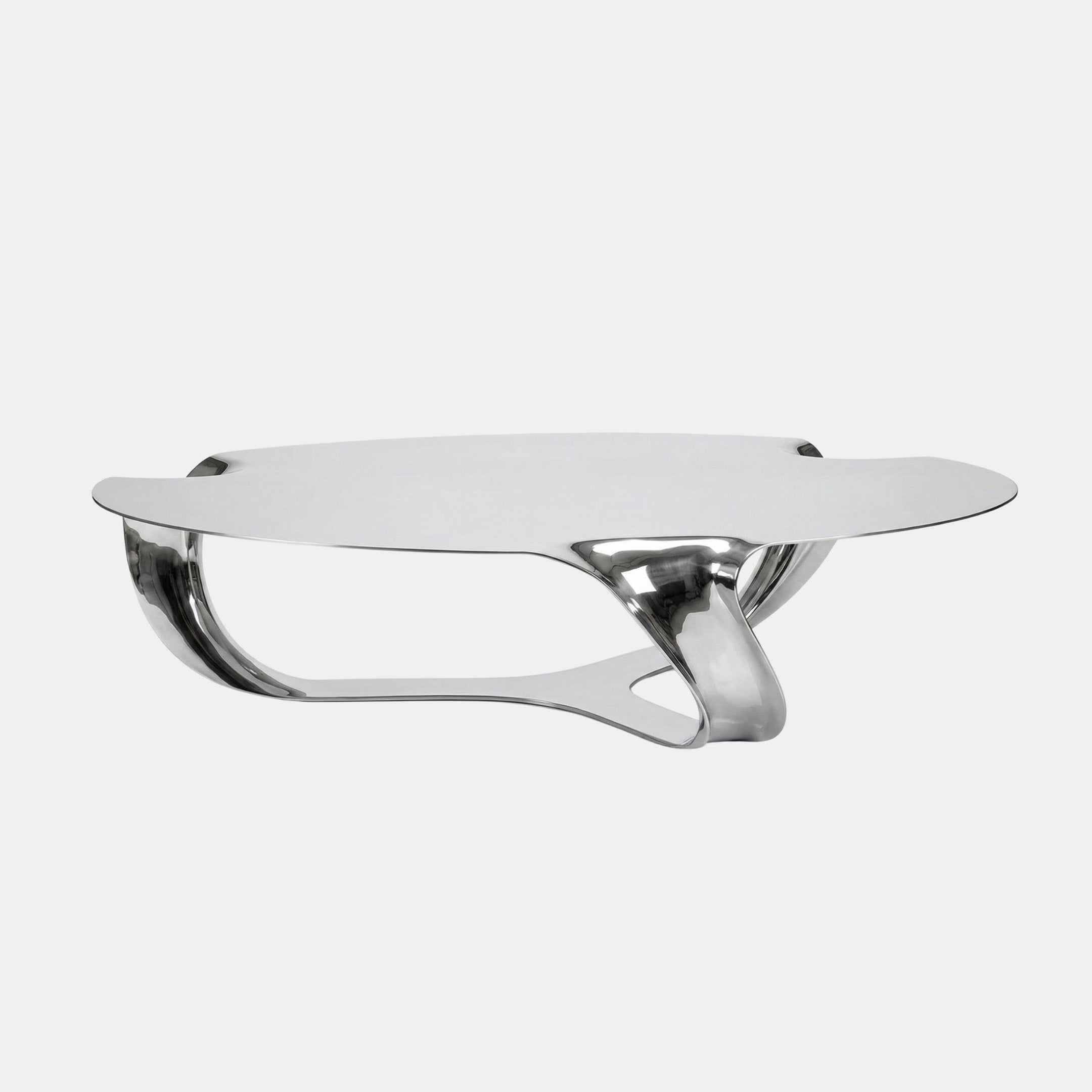 Silver Table Stainless Steel Sculpture, 170cm, with a sculpted curved base and flat oval top, shown on a plain white background.