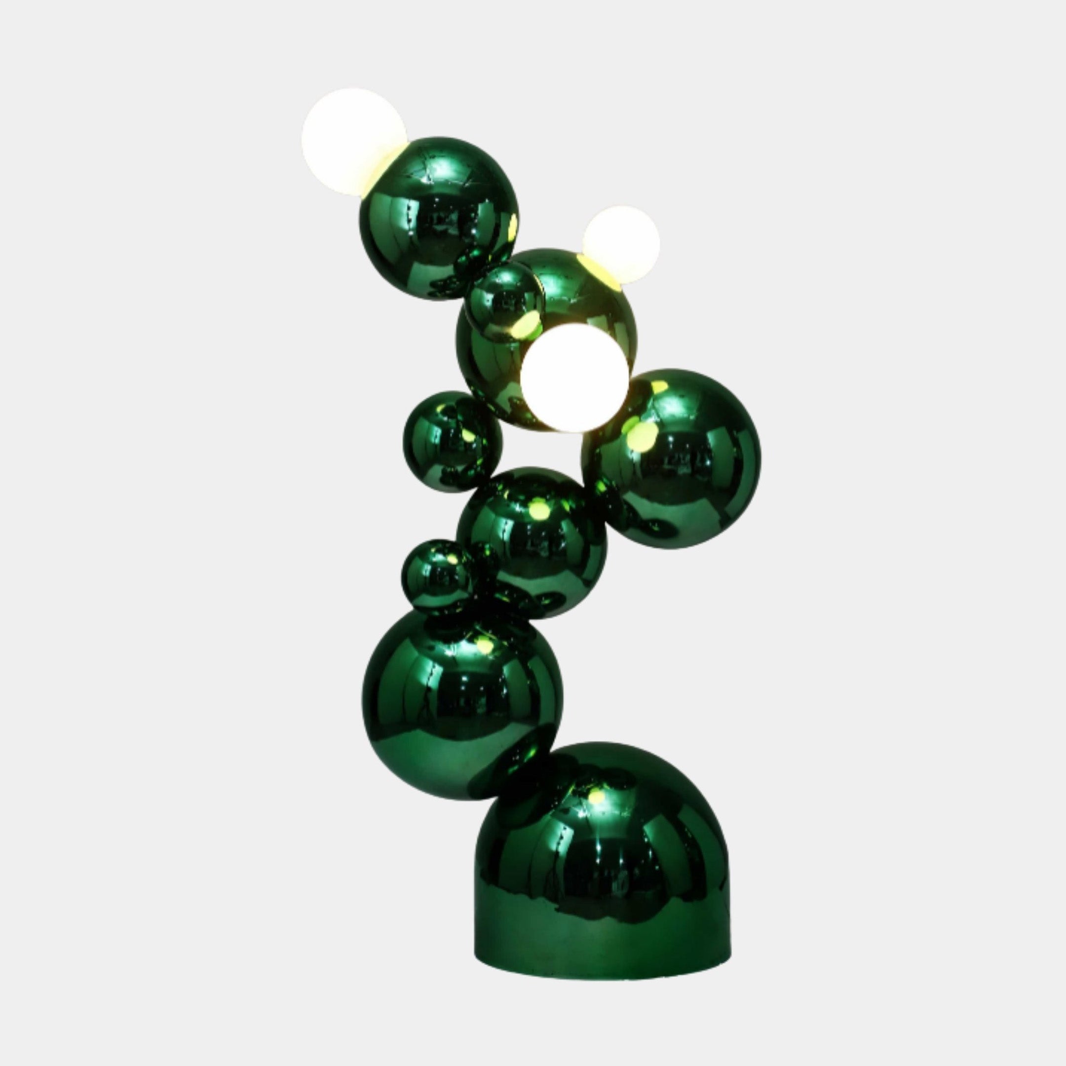 Green Stacked Sphere Light Column Stainless Steel Sculpture, 165cm, glossy green spheres with three glowing lights on a rounded base, plain light background.