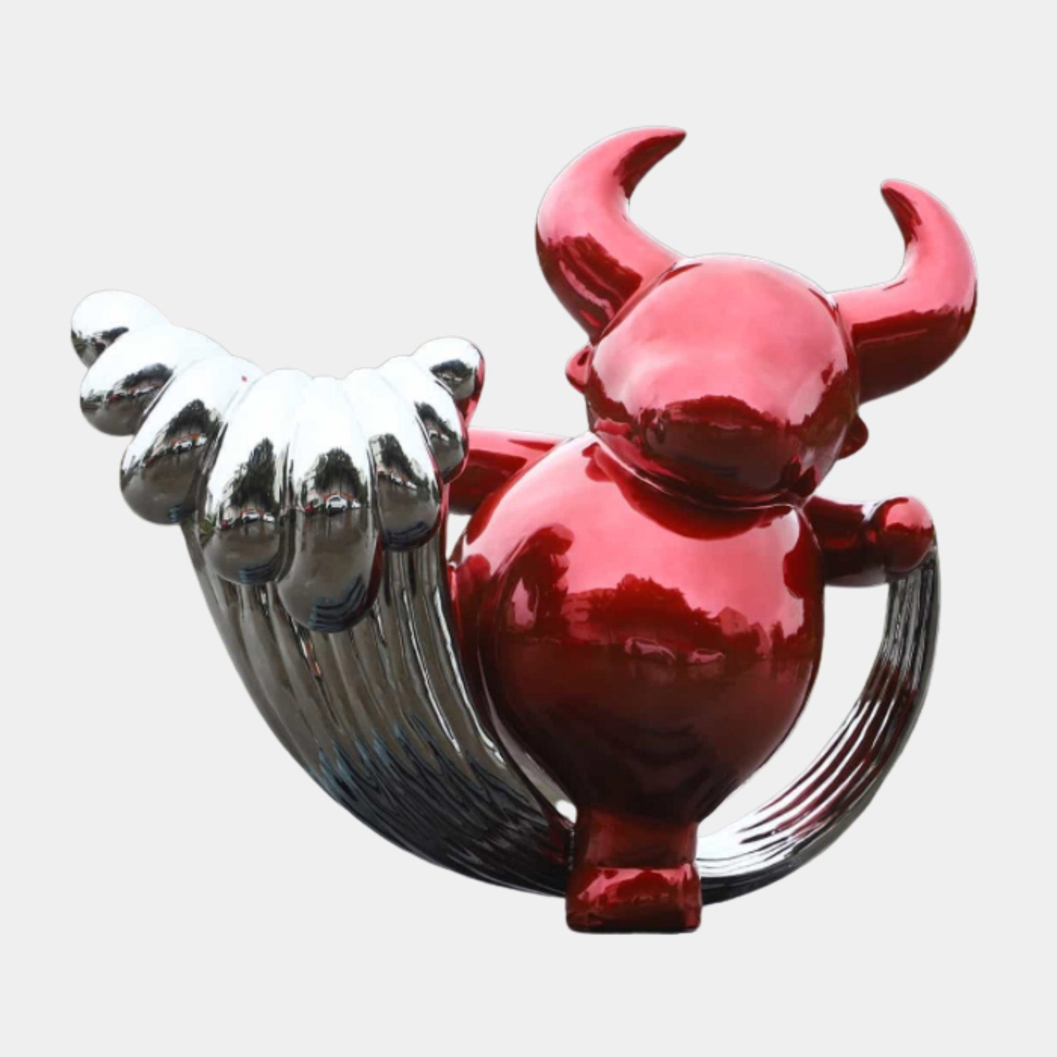Red Abstract Bull Figure Stainless Steel Sculpture, 110cm, glossy red bull with chrome flame-like tail on a plain white background.