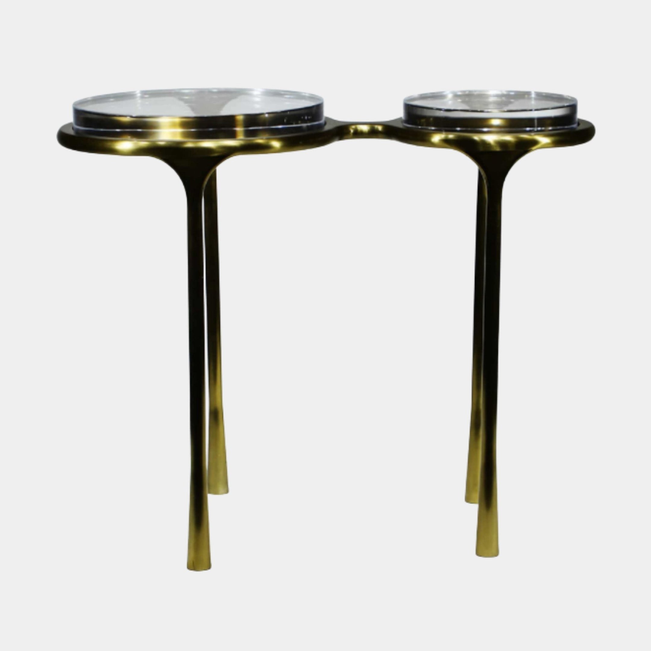 Gold Slender Side Tables Stainless Steel Sculpture, 64cm, with dual round glass-top tables on slender curved legs, shown on a plain white background.