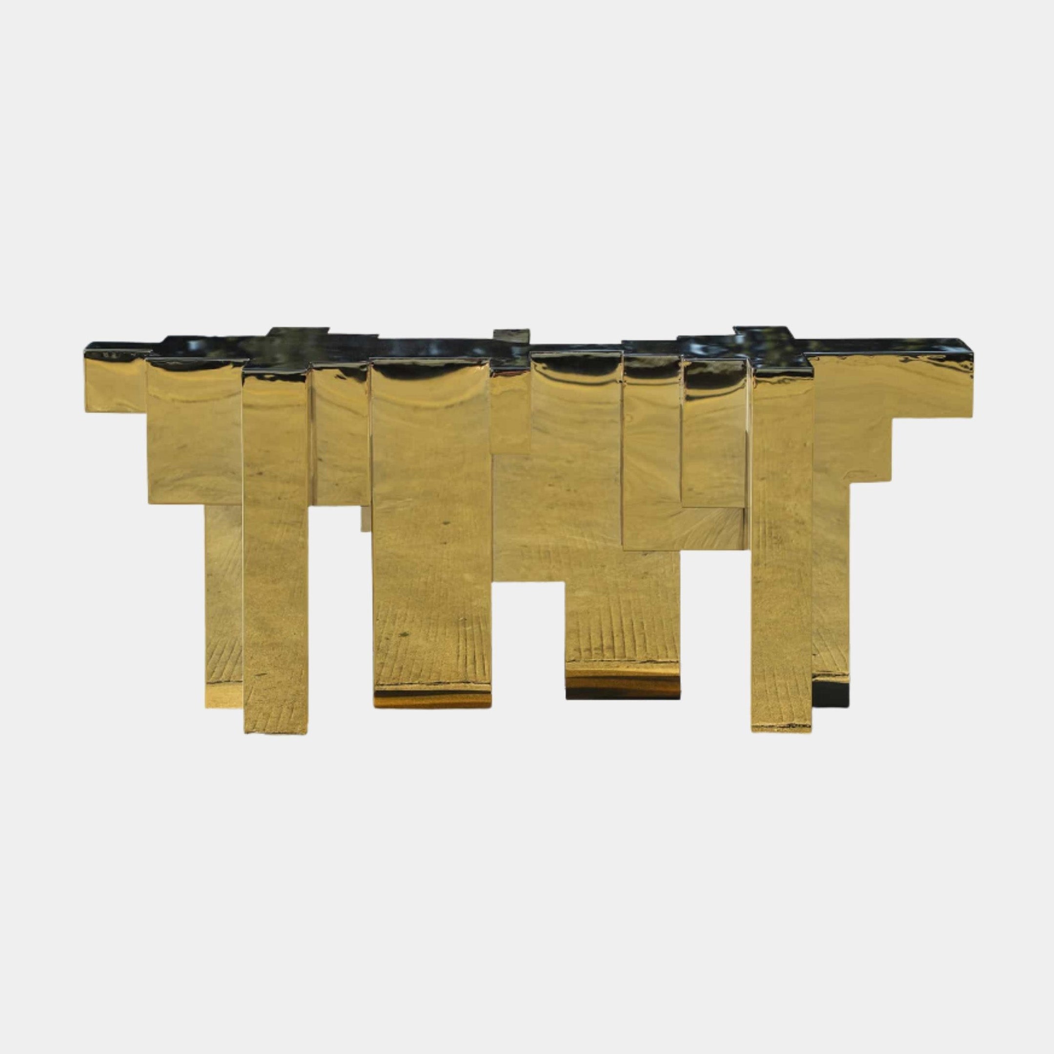 Gold Geometric Bar Installation Stainless Steel Sculpture, 157cm, uneven vertical bars in polished gold finish on a plain white background.
