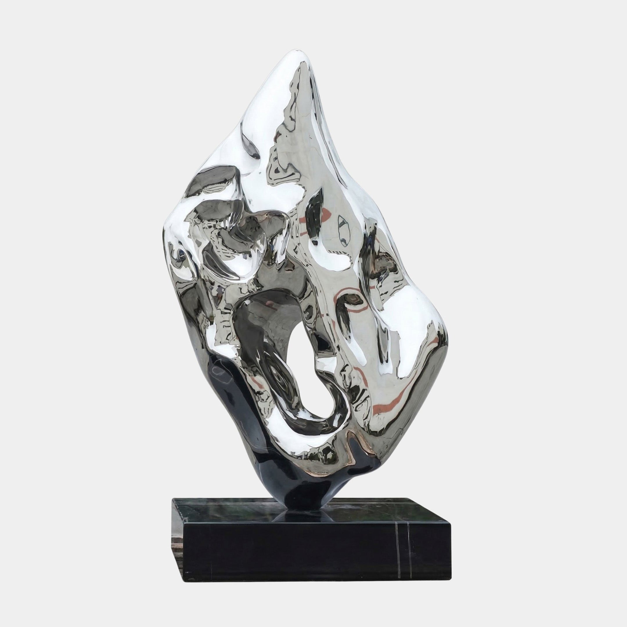 Silver Abstract Flame Stainless Steel Sculpture, 100cm, polished mirror-finish flame form on a black rectangular base, plain white background.