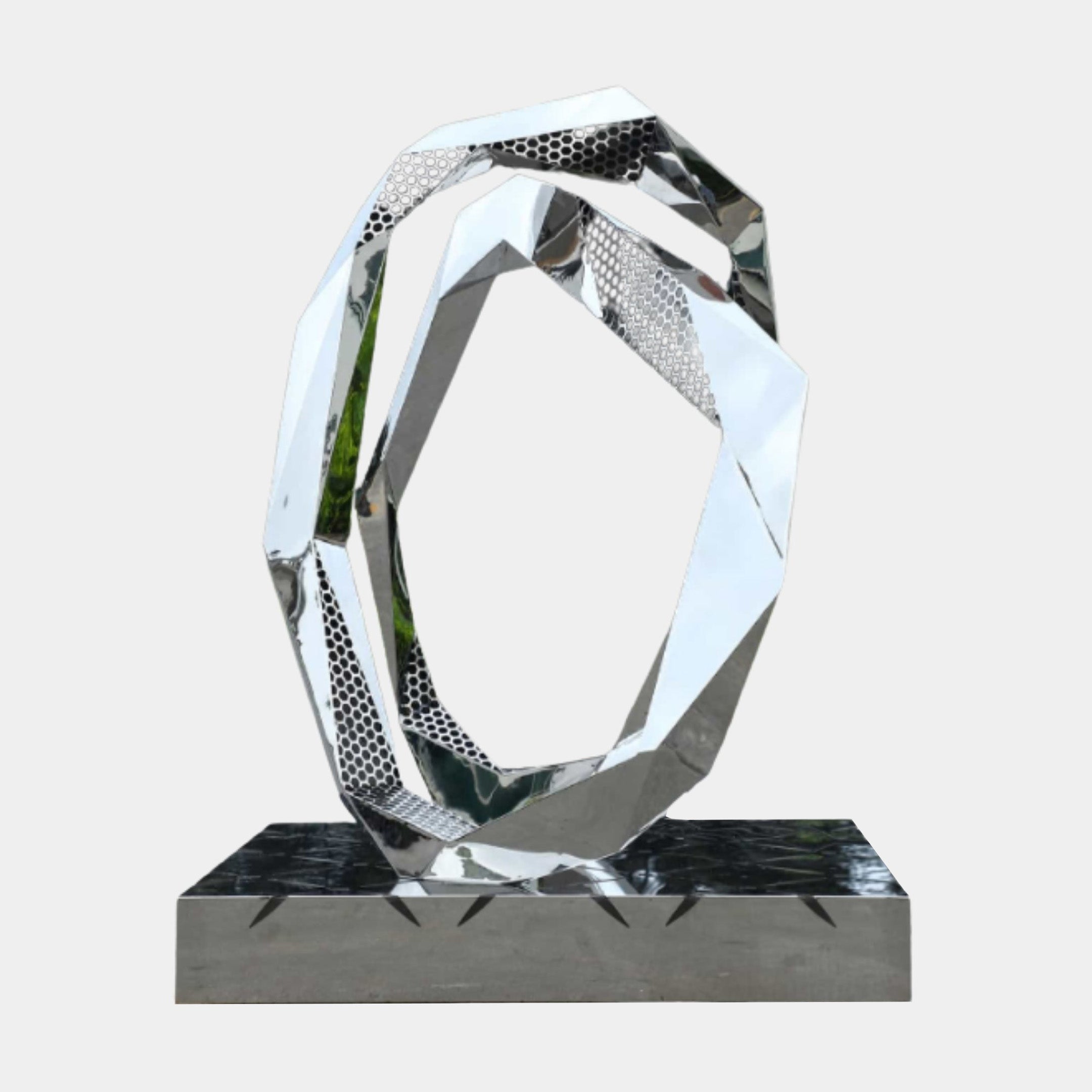 Silver Abstract Intertwined Ribbon Stainless Steel Sculpture, 170cm, polished mirror finish with faceted geometric ring form on a dark base, plain white background.