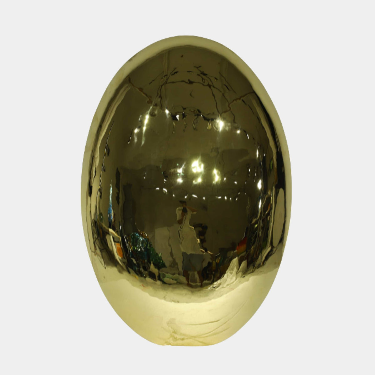 Gold Mirror-Polished Egg Stainless Steel Sculpture, 138cm, reflective gold finish egg form on a plain white studio background.