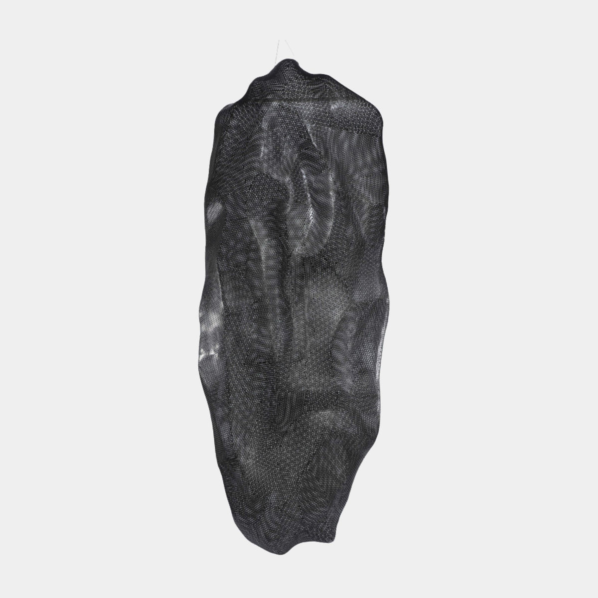 Black Suspended Form Stainless Steel Sculpture, 200cm, with mesh-textured surface, hanging against a plain light grey background.