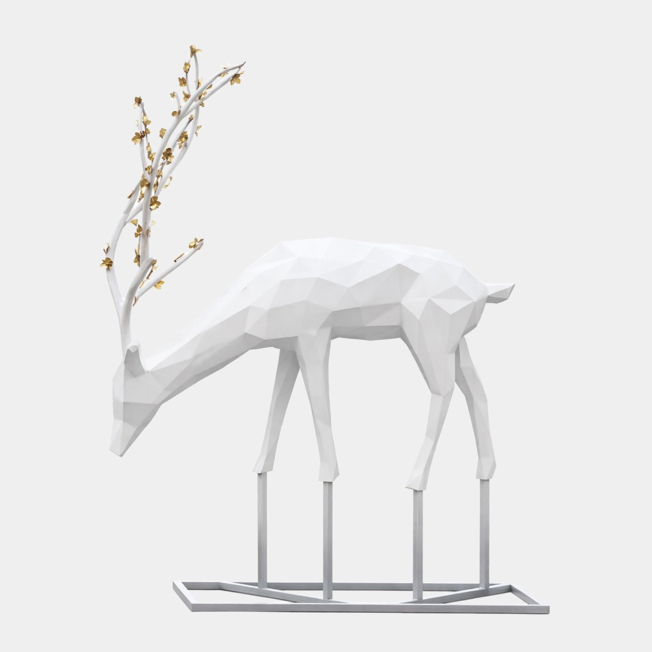 White Standing Deer Stainless Steel Sculpture, 121cm, low-poly white finish with gold-plated antler branches, on a metal rail base, plain grey background.