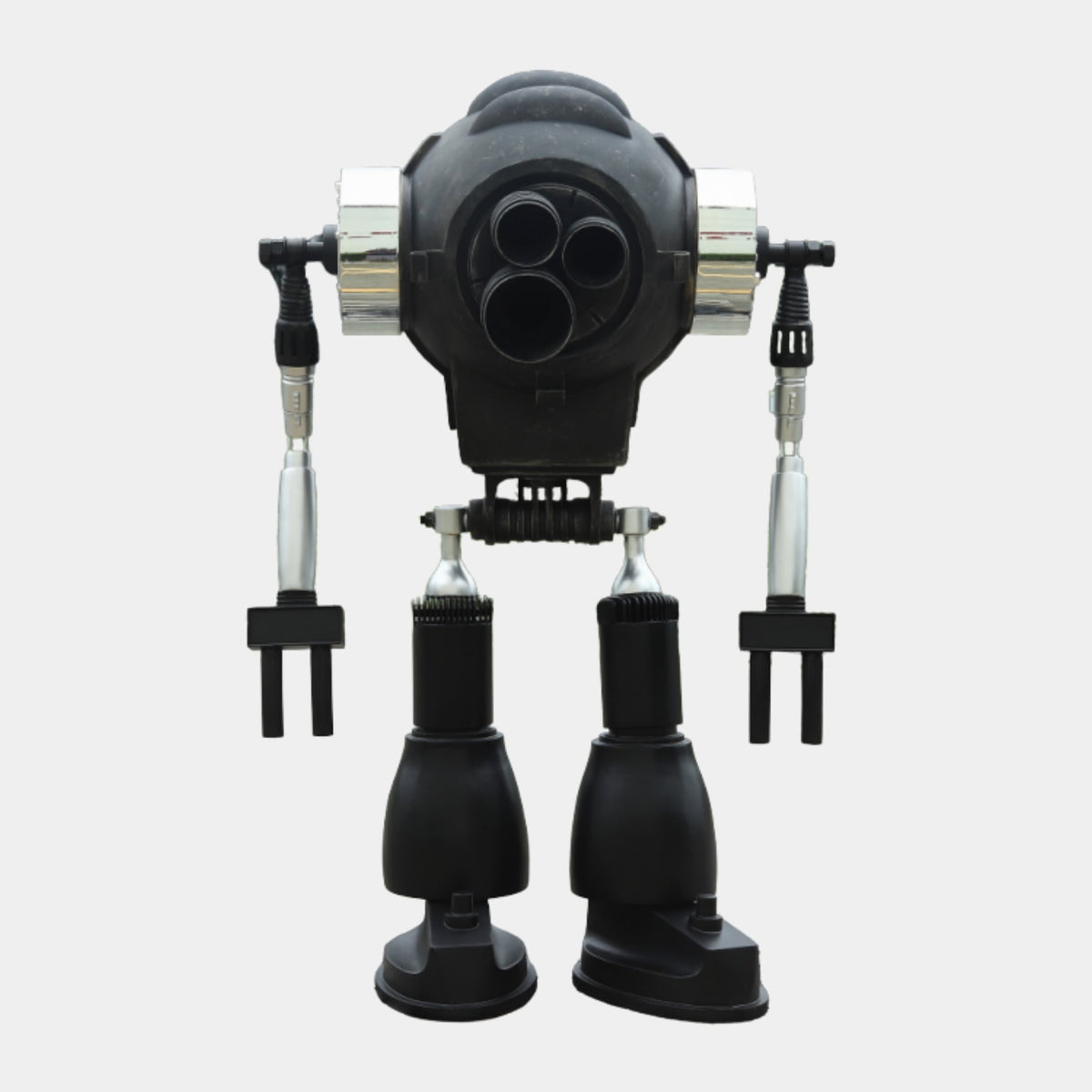 Black and Silver Robot Stainless Steel Sculpture, 167cm, with dome head and jointed metal arms and legs on suction-cup feet, shown on a plain white background.