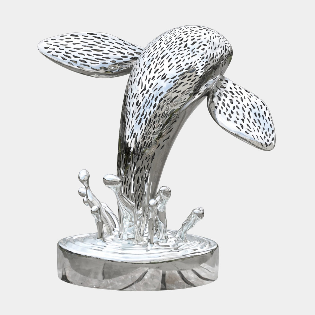 Silver Whale Stainless Steel Sculpture - 128cm, textured silver finish diving with splash-effect base, shown on a plain white background.