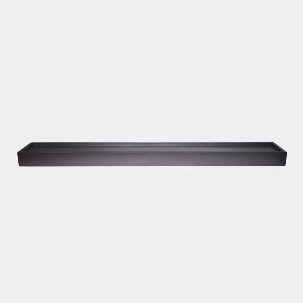 Black Tray Stainless Steel Sculpture, 180cm, an elongated black tray-form piece with a polished finish, shown on a plain light grey background.
