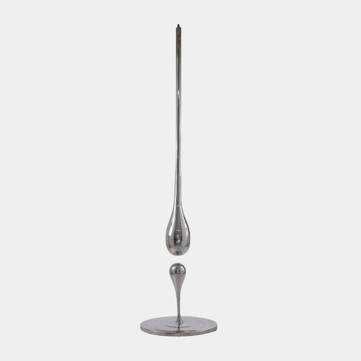 Silver Elongated Teardrop Pendant Stainless Steel Sculpture, 220cm, with a large teardrop suspended above a small droplet and round base, on a plain light grey background.
