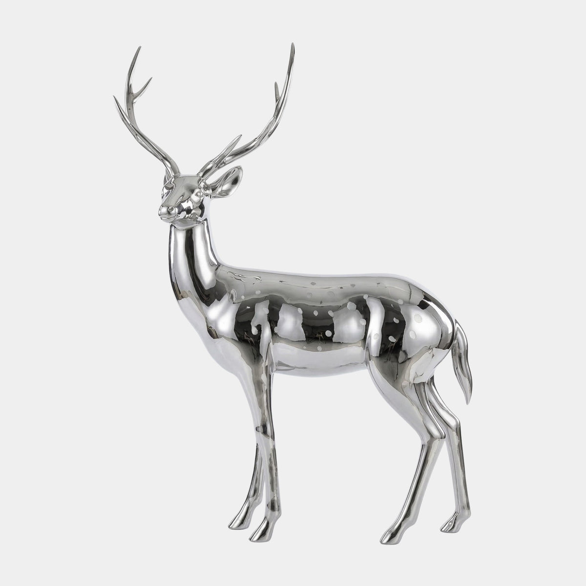 Silver Mirror-Polished Standing Deer Stainless Steel Sculpture, 160cm, antlered deer facing right on a plain white background.