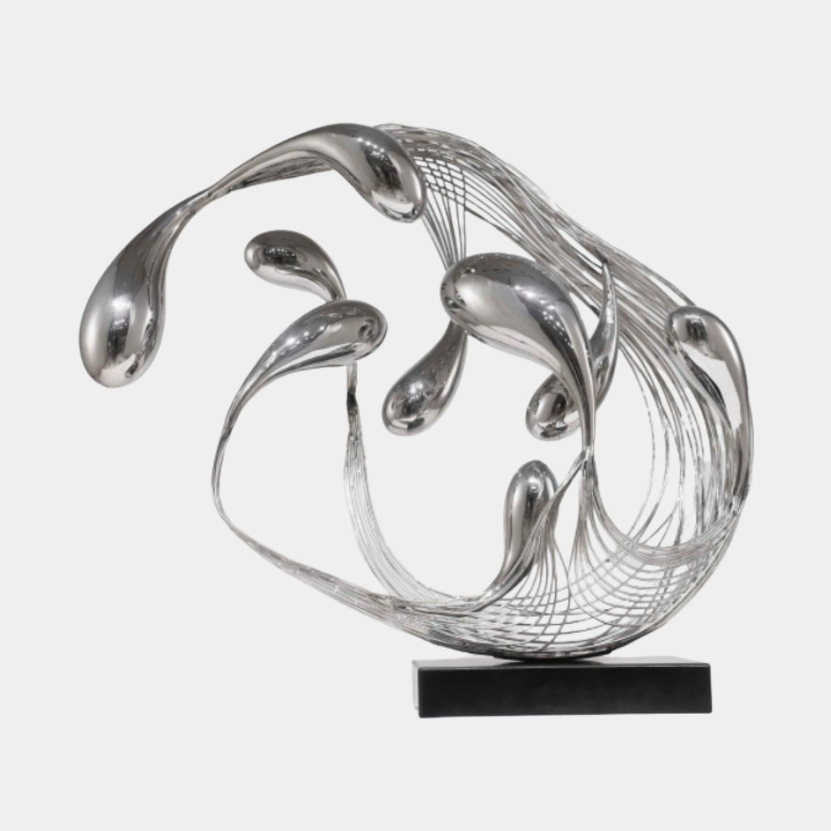Silver Wire Swirl with Teardrops Sculpture - 70cm, polished stainless steel teardrop forms curving through wire strands on a black rectangular base, shown against a plain light grey background.