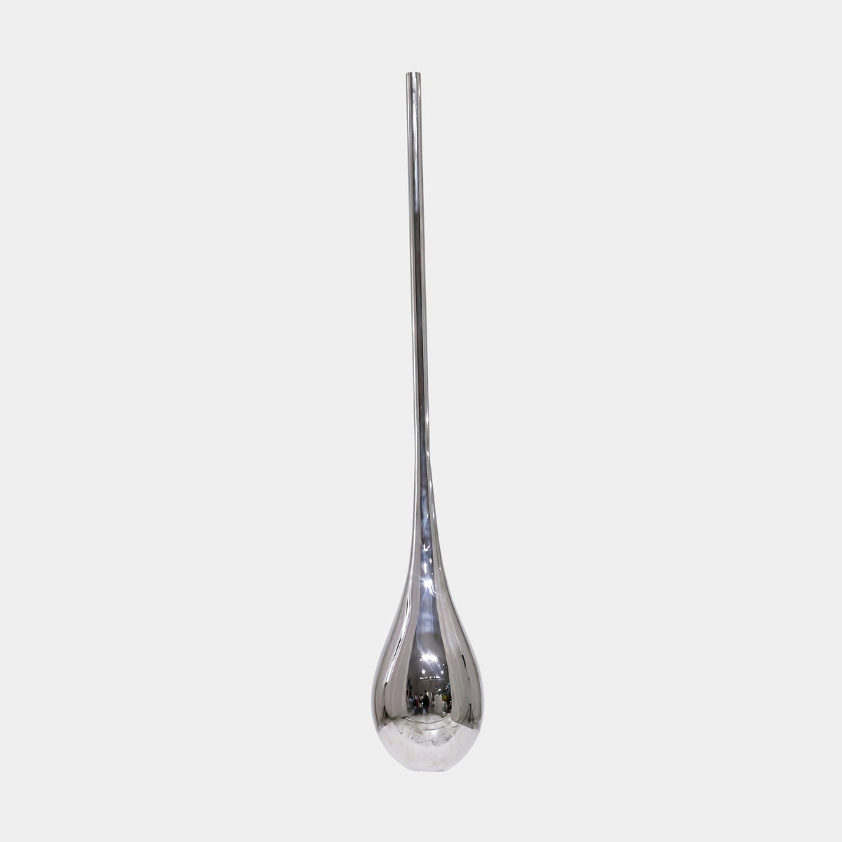 Silver Slender Teardrop Pendant Stainless Steel Sculpture (118cm) by Giant Sculptures, a mirror-polished teardrop form on a slim rod, shown against a plain white background.