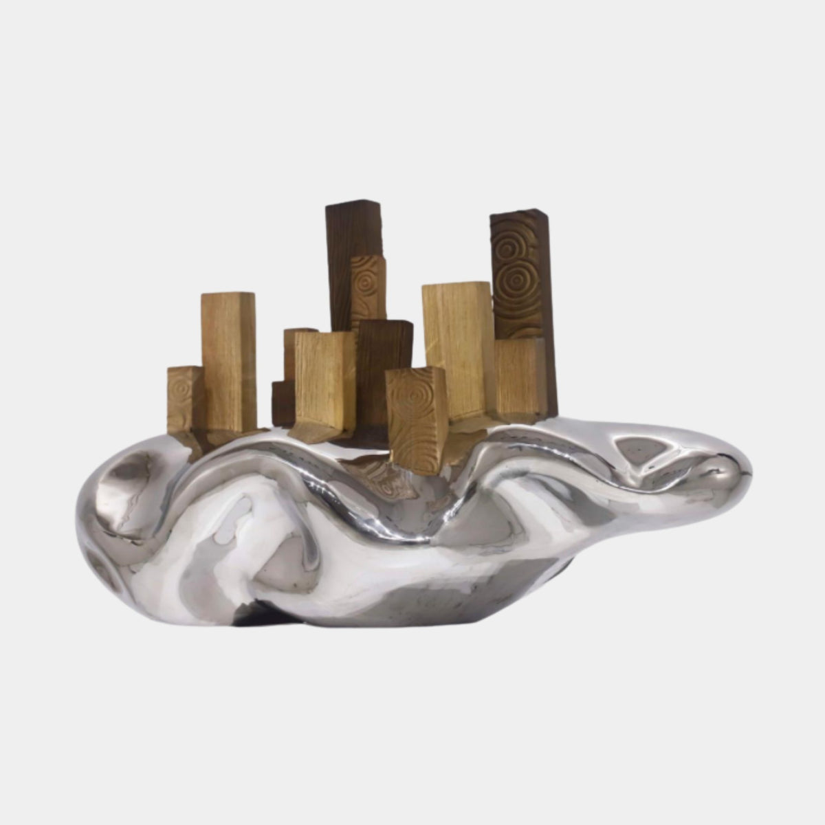 Silver Abstract Cityscape with Wooden Towers Stainless Steel Sculpture, 80cm, wavy polished silver base with varied wood tower accents, on a plain light grey background.