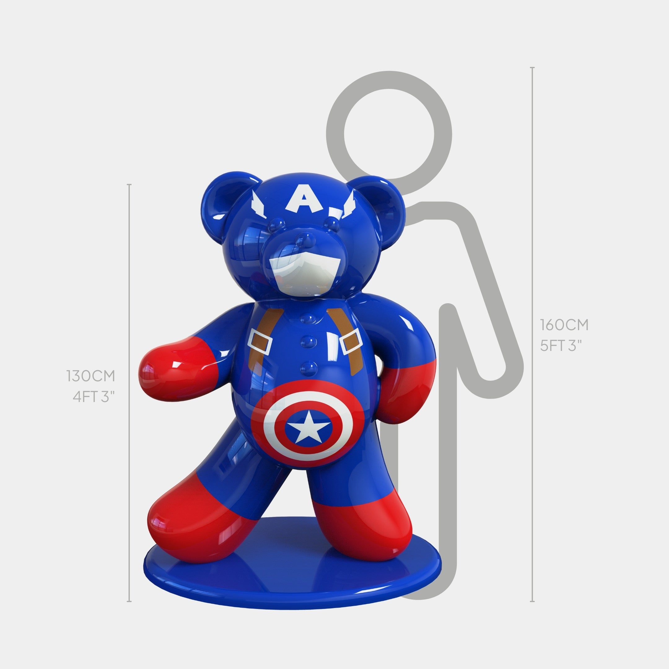 The Gacko Captain America Bear Sculpture by Giant Sculptures stands 130 cm tall beside a person’s outline, showcasing its playful pop art charm and creative details.