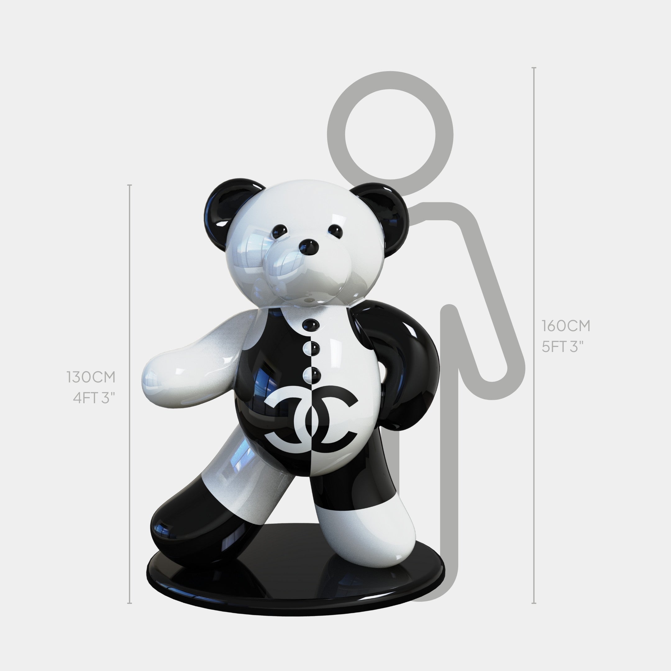 The Gacko Channel Bear Sculpture - 130cm by Giant Sculptures features a glossy black and white finish with a Chanel logo, standing beside a grey human outline. This limited edition piece adds bold style to any contemporary interior.
