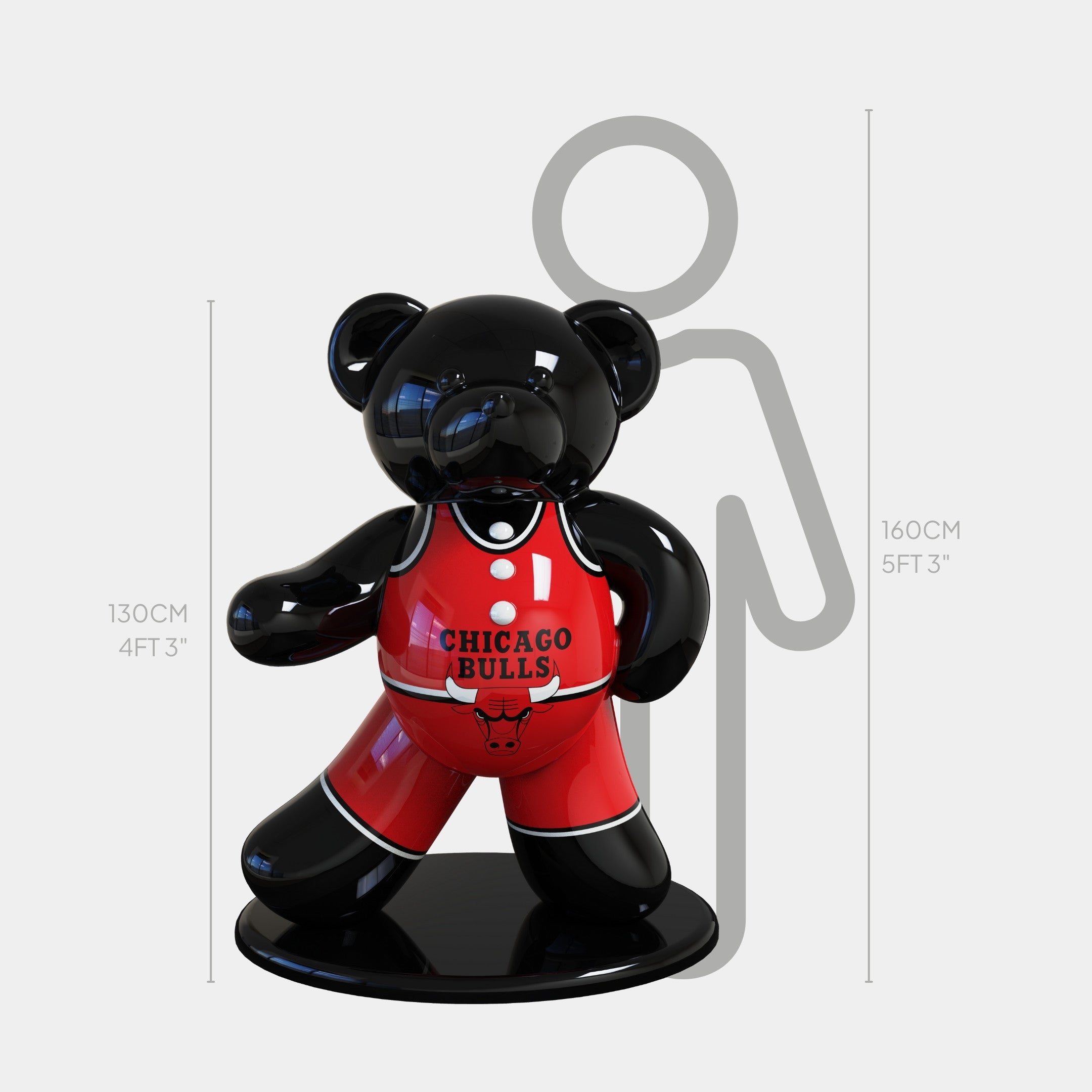 The Gacko Chicago Bulls Bear Sculpture - 130cm by Giant Sculptures stands in a red uniform on a round base, shown beside a gray 160cm outline to highlight its impressive size. This is a limited edition collectible sports art piece.