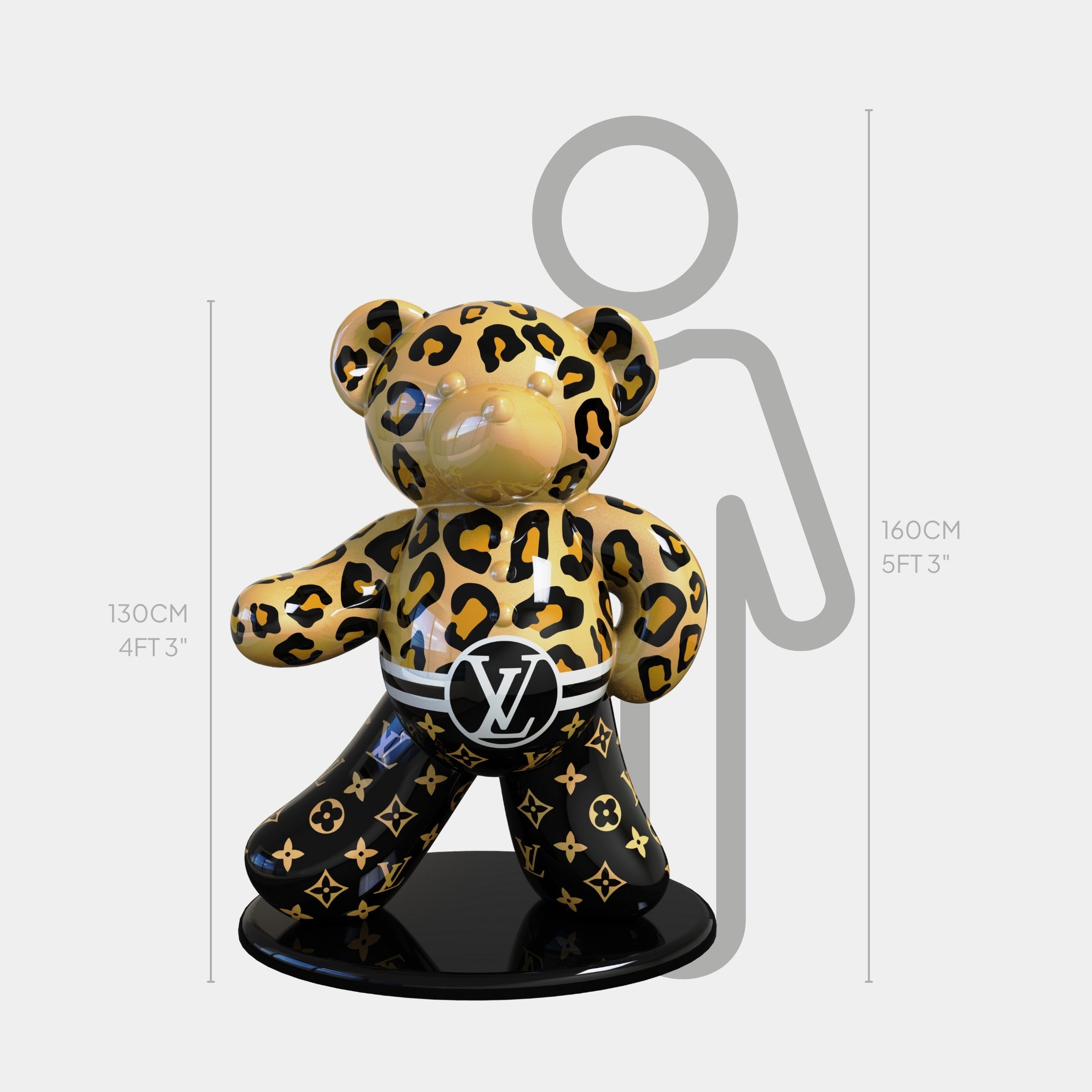 The Gacko Feline Bear Sculpture - 130cm by Giant Sculptures features a leopard-print head and arms, black legs with gold LV logos, an LV belt, and stands on a black base beside a 130 cm height chart.