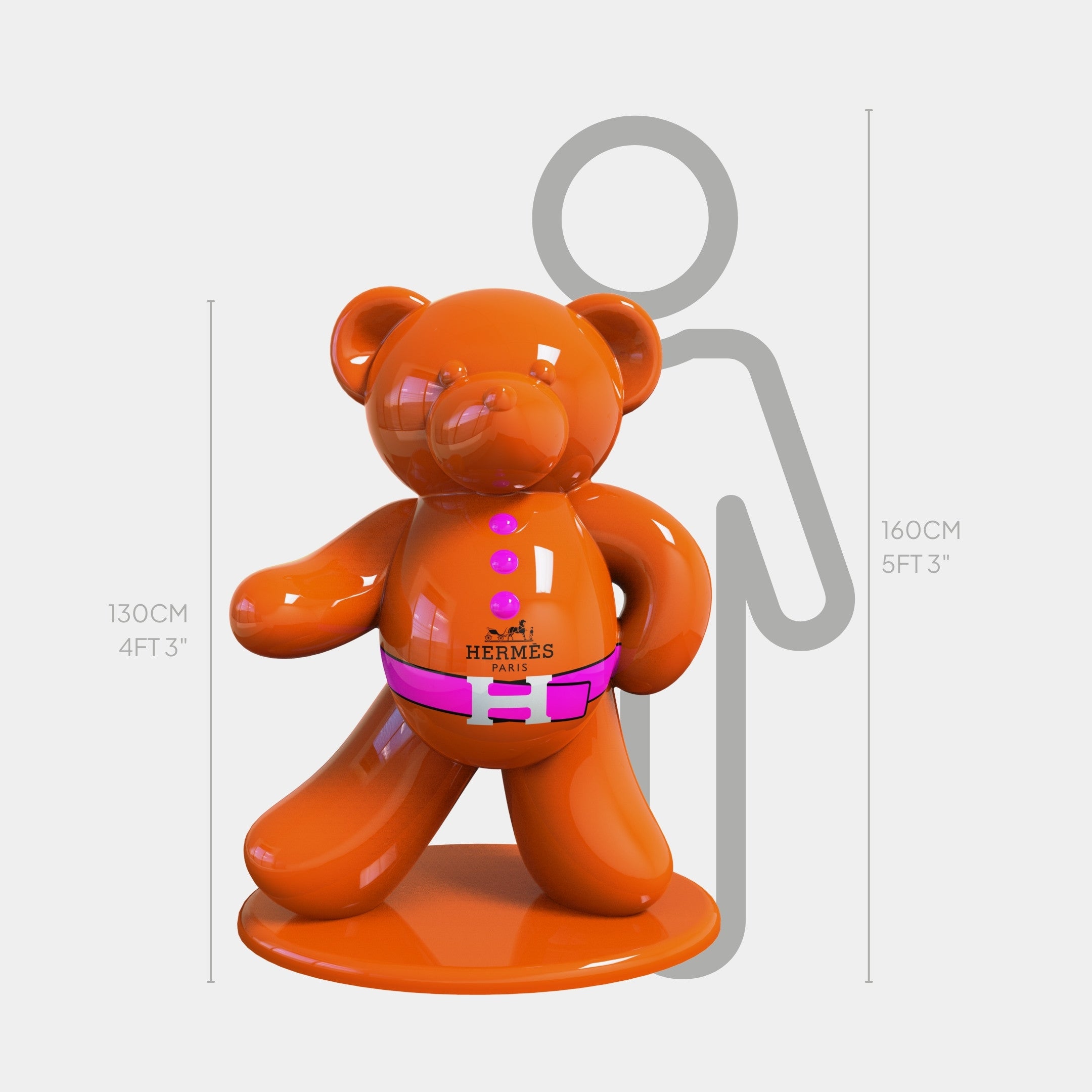 The Gacko Hermes Bear Sculpture - 130cm by Giant Sculptures stands beside a gray human outline for scale. This glossy orange pop art bear features a Hermès Paris logo, showcasing its bold and luxurious design.