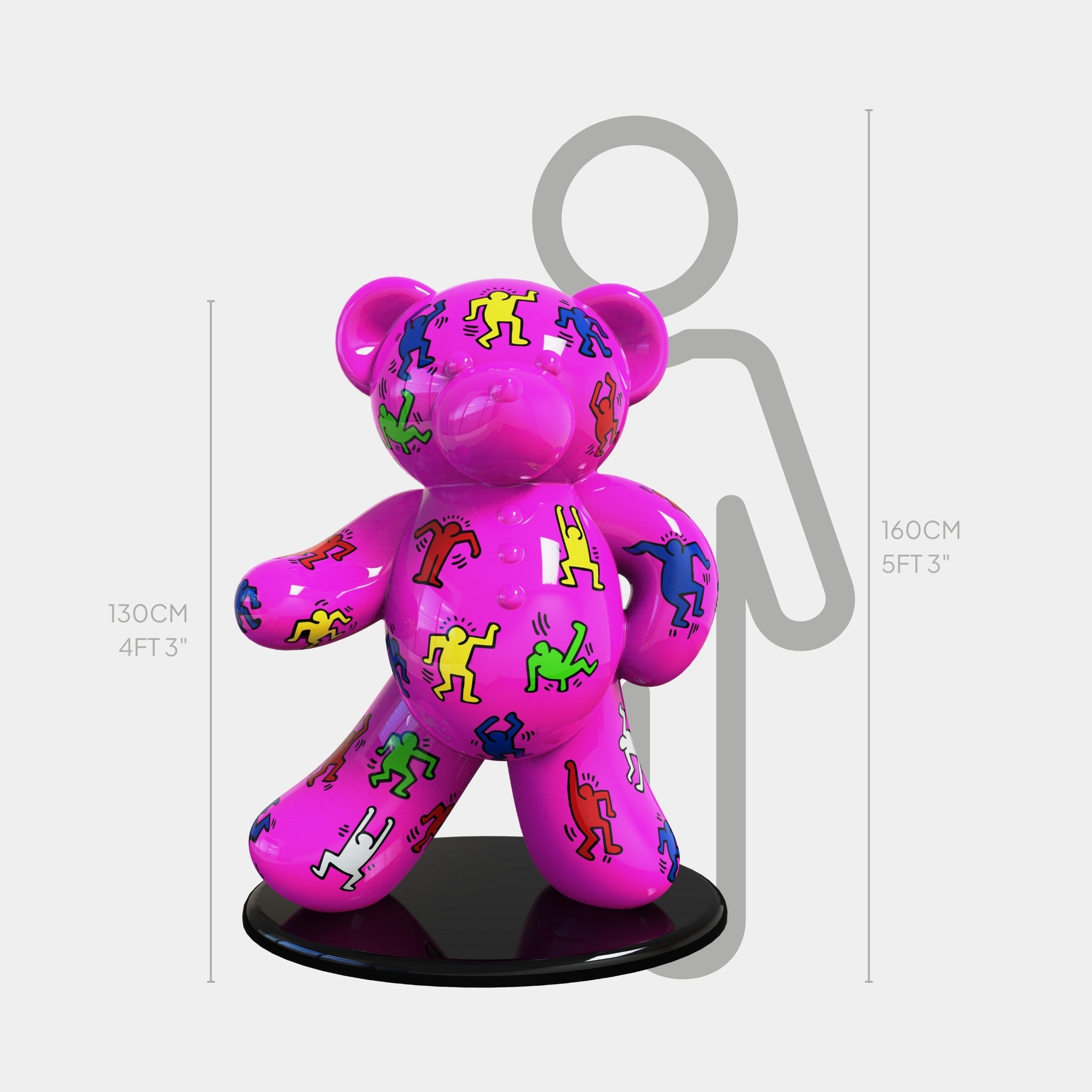 The Gacko Keith Haring Pink Bear Sculpture by Giant Sculptures stands 130cm tall, featuring colorful abstract figures on a shiny pink surface and a black base—perfect for modern spaces. Shown next to a 160cm outline for scale.