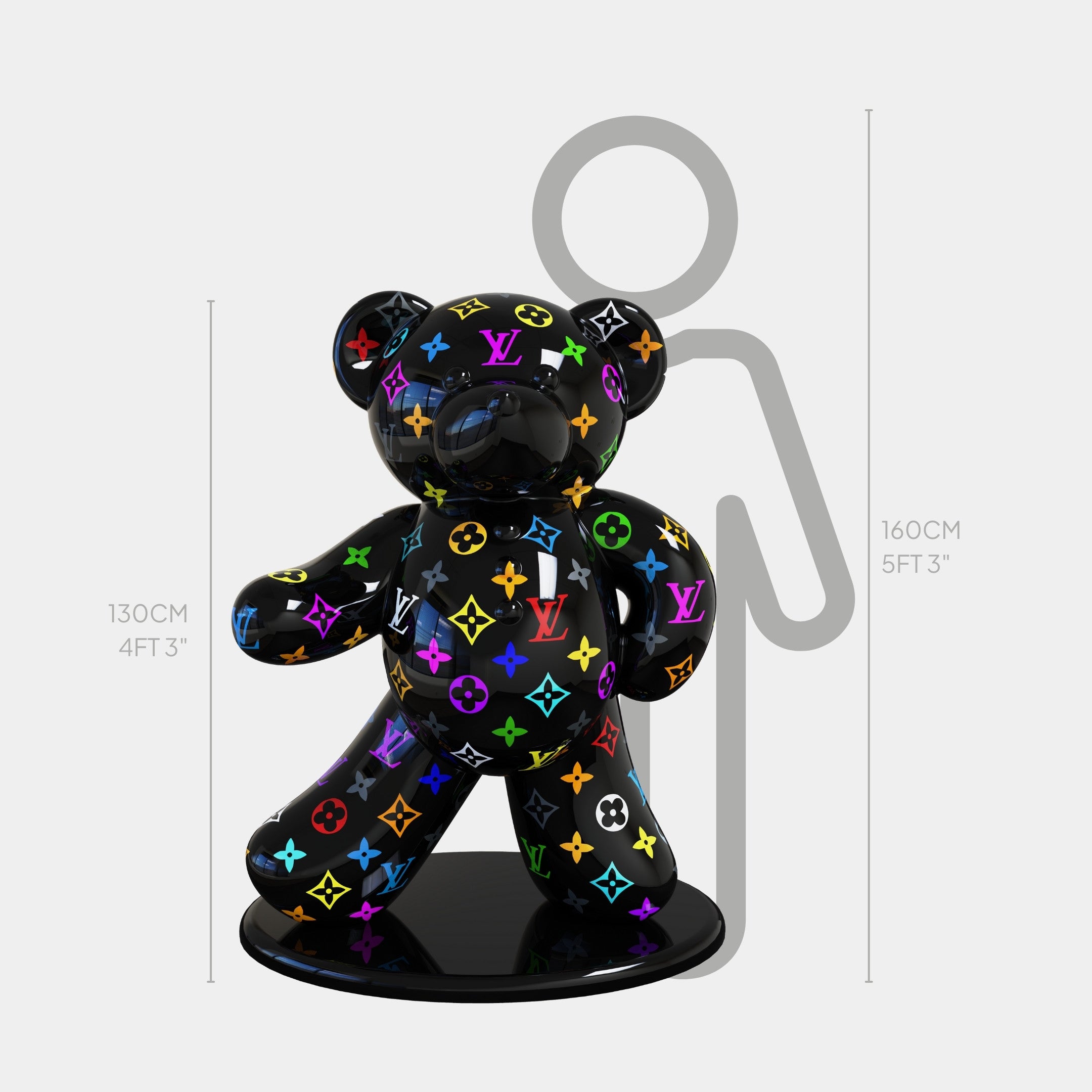 The Gacko Multicoloured LV Bear Sculpture by Giant Sculptures is a glossy black pop art bear with colorful Louis Vuitton logos, measuring 130 cm tall on a black base, shown for scale beside a 160 cm gray human figure.