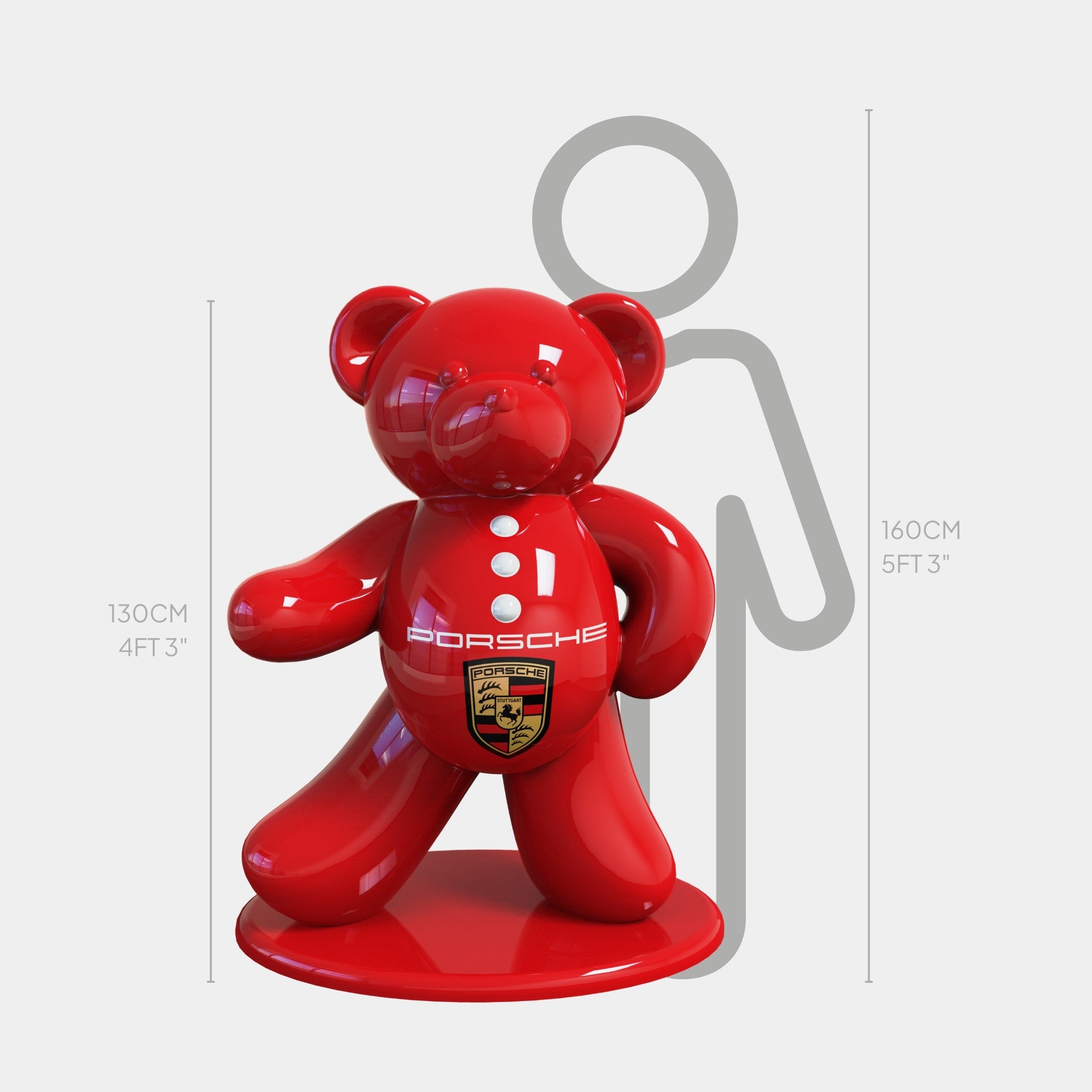 The Gacko Porsche Bear Sculpture - 130cm by Giant Sculptures, featuring a shiny red finish and the Porsche logo, stands beside a person (160 cm) for scale; the bear sculpture measures 130 cm (4 ft 3 in) tall.