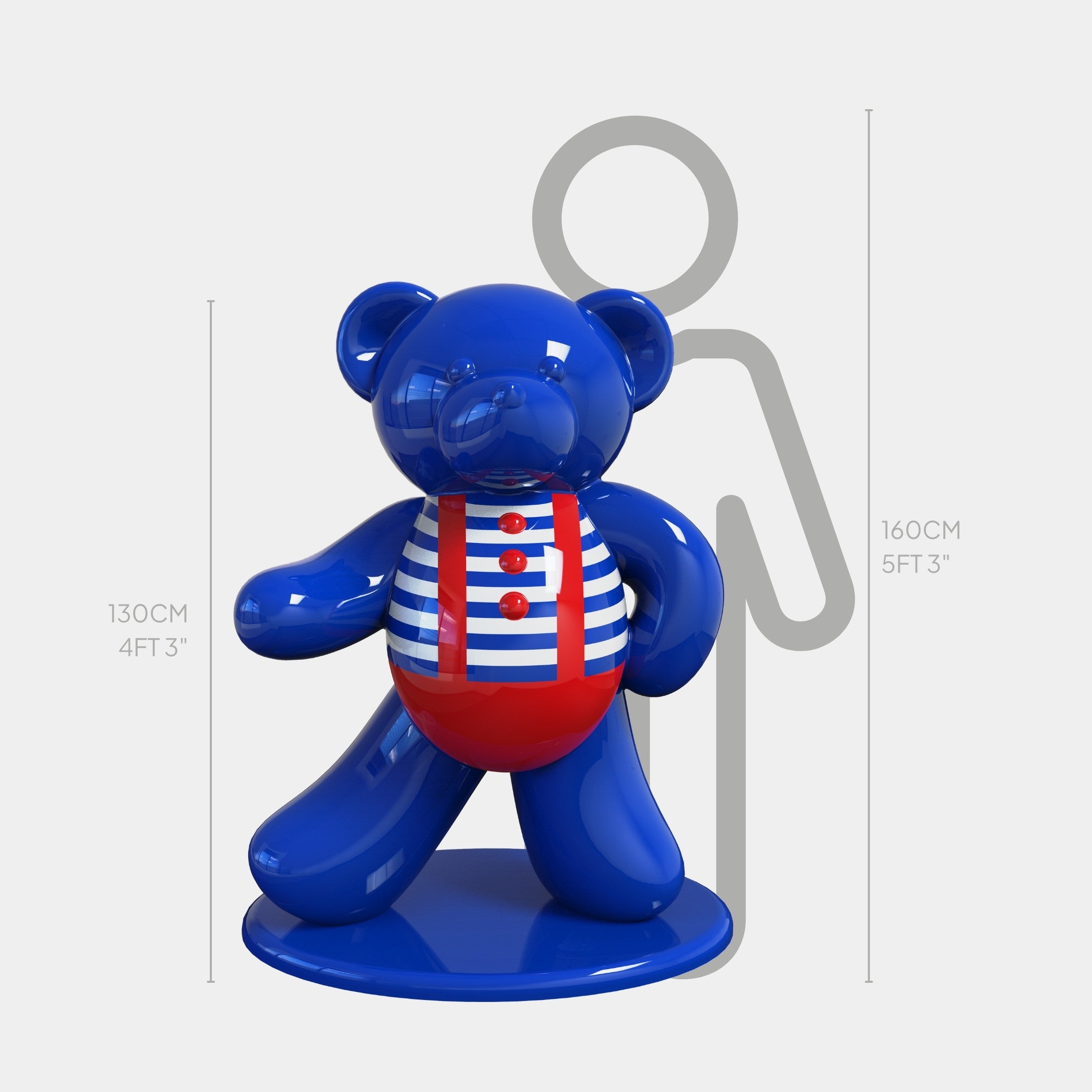 The Gacko Sailor Bear Sculpture - 130cm by Giant Sculptures features a shiny blue nautical pop art bear in a red, white, and blue striped outfit, shown beside a gray outline of a person for scale—ideal for modern interiors.