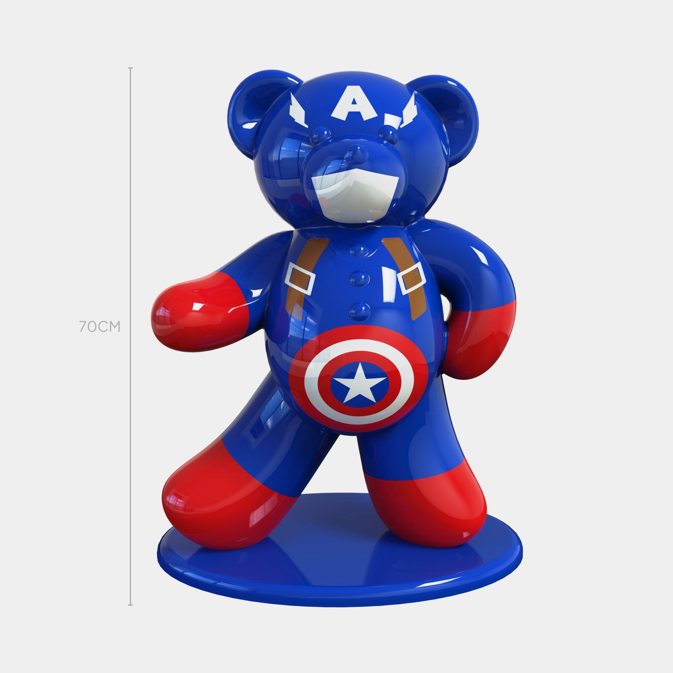 The Gacko Captain America Bear Sculpture by Giant Sculptures stands 70cm tall, featuring a shiny blue finish, shield on its stomach, and white "A" on its forehead—perfect as a bold superhero accent for your space.