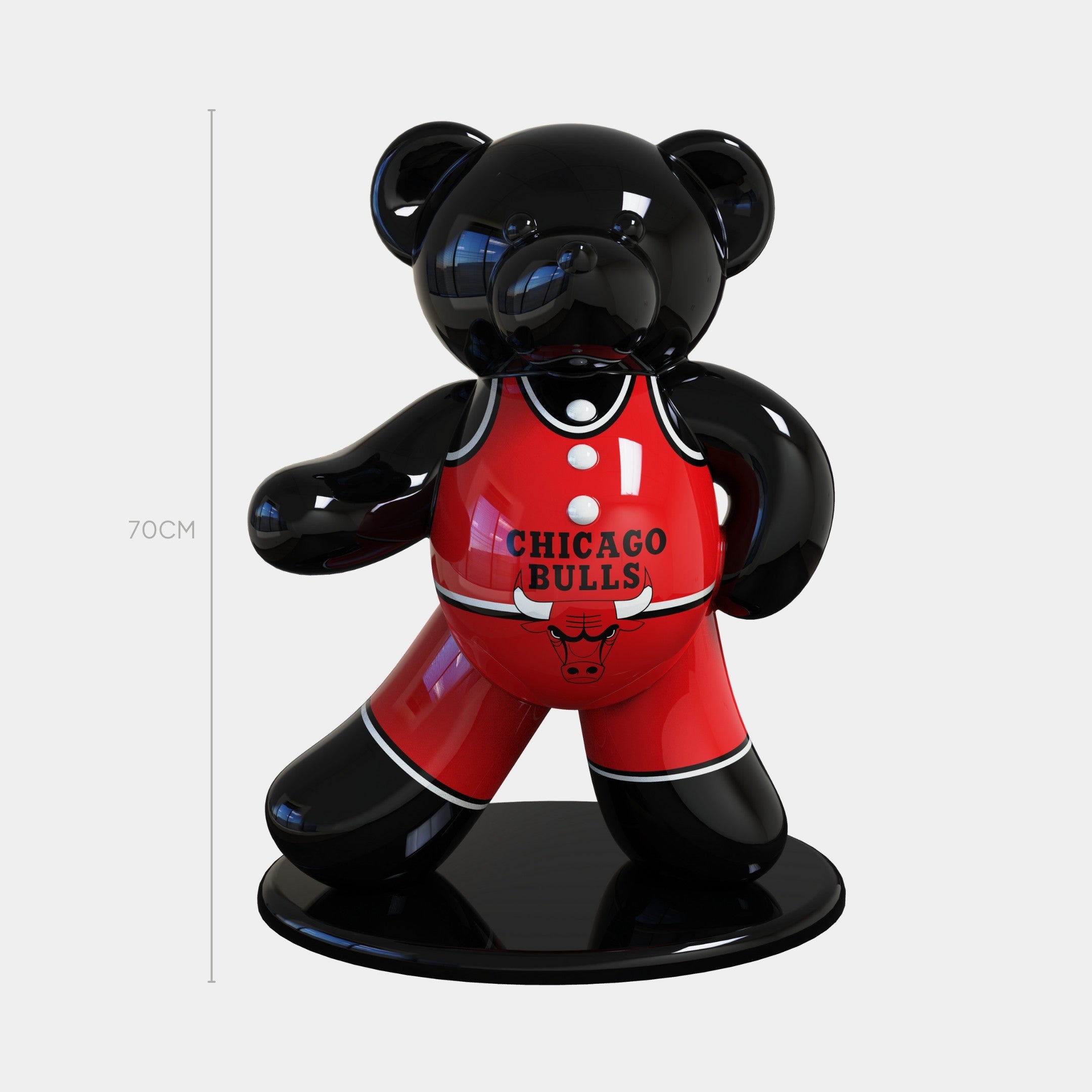 The Gacko Chicago Bulls Bear Sculpture by Giant Sculptures stands 70cm tall, wearing a red Bulls uniform on a black base—a striking pop art piece that's perfect for basketball statue collectors.