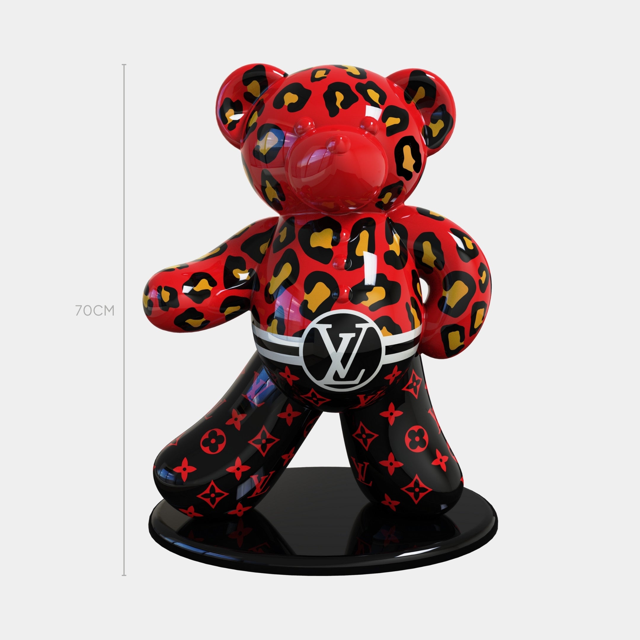 The Gacko Red Feline Bear Sculpture - 70cm by Giant Sculptures is a glossy pop art piece with a red face, black LV-belt, and bold red/black leopard print—a striking contemporary animal sculpture.