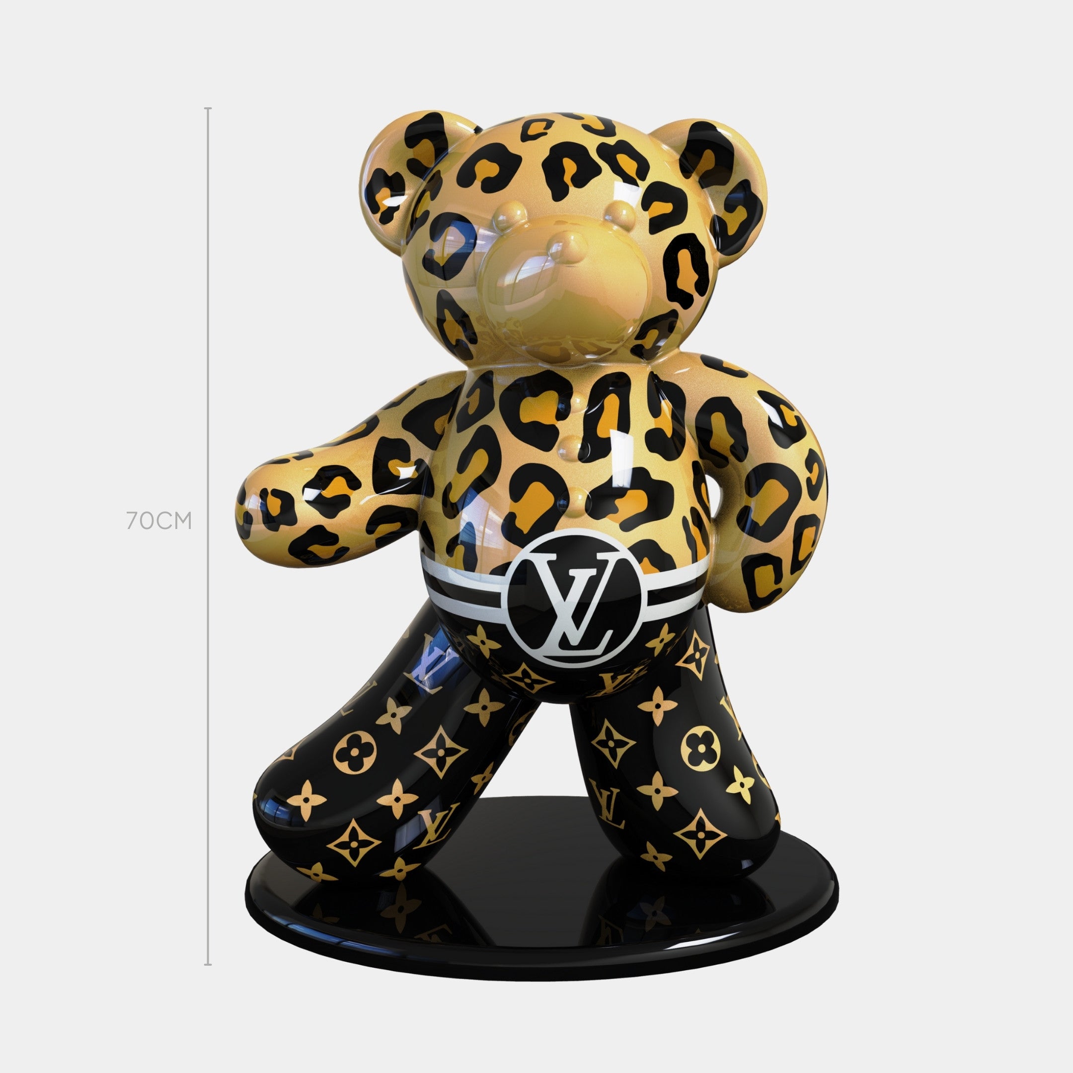 The Gacko Feline Bear Sculpture by Giant Sculptures is a 70cm limited edition art bear with a glossy leopard-print top, black lower body with Louis Vuitton logos, and stands on a black circular base.