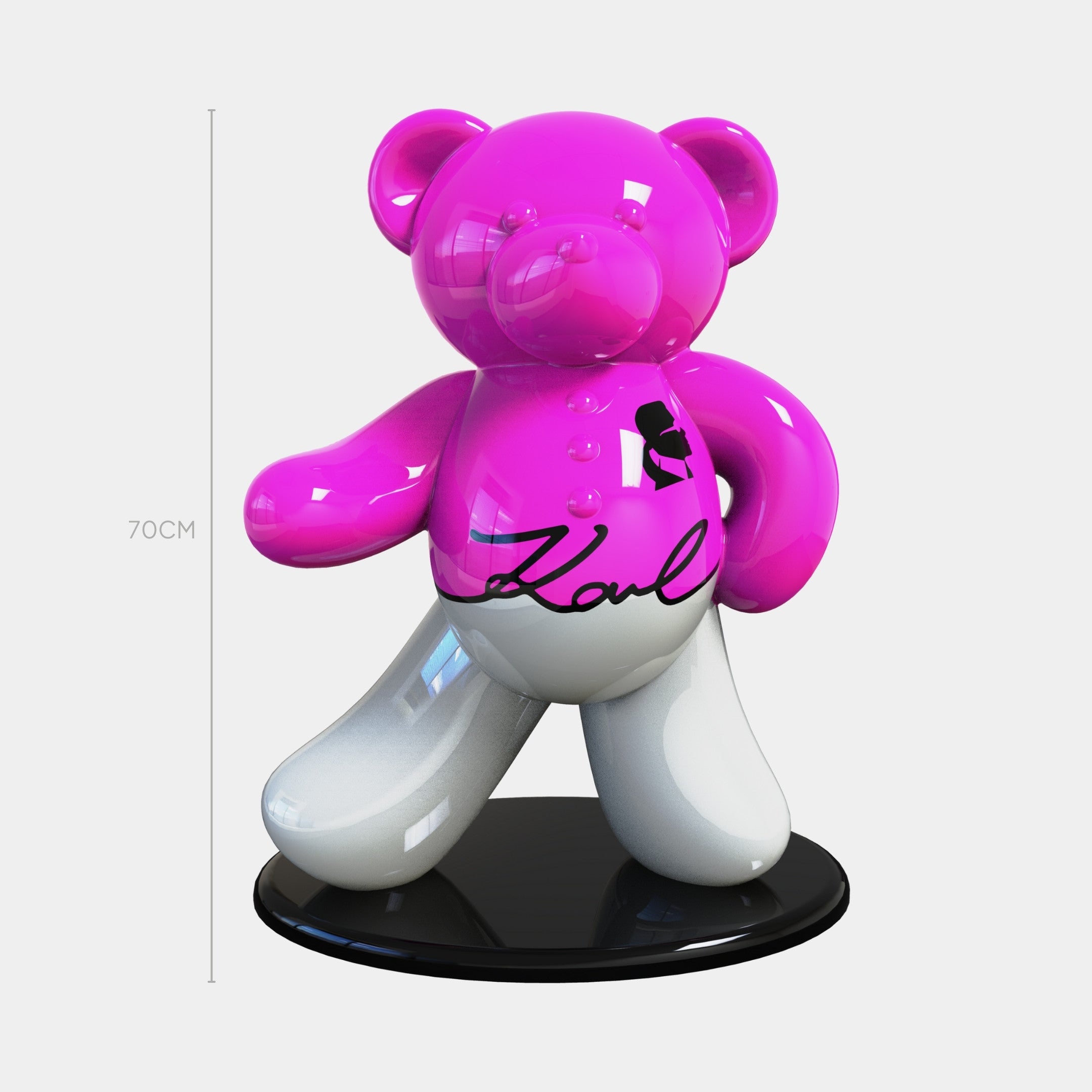 The Gacko Karl Bear Sculpture - 70cm by Giant Sculptures features a shiny pink and white finish, black "Karl" signature with heart on a round black base, adding fashion-inspired pop art style to any modern space.