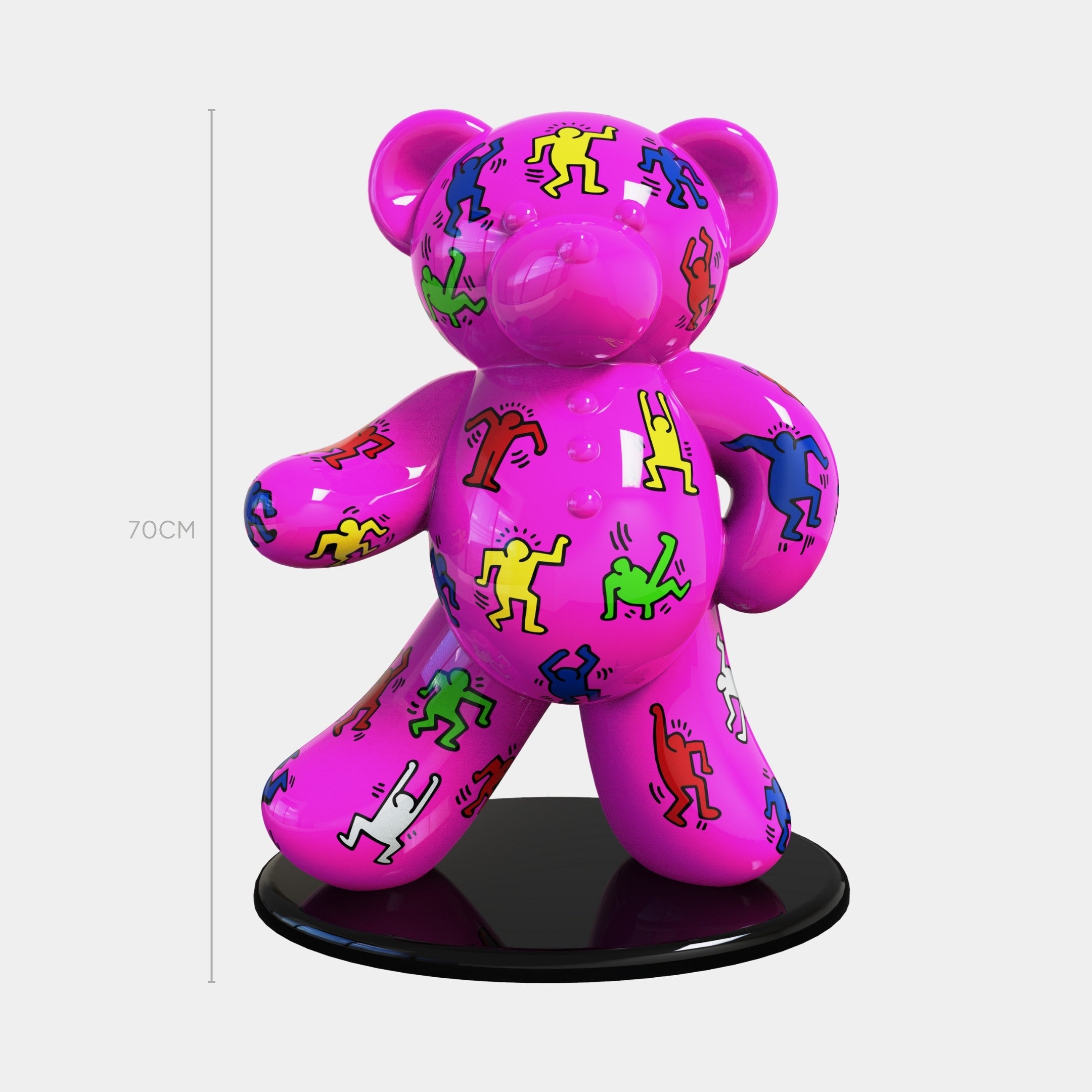 The Gacko Keith Haring Pink Bear Sculpture by Giant Sculptures stands 70cm tall on a black base, featuring a glossy pink finish with vibrant cartoon-like dancing figures in blue, green, yellow, and red.