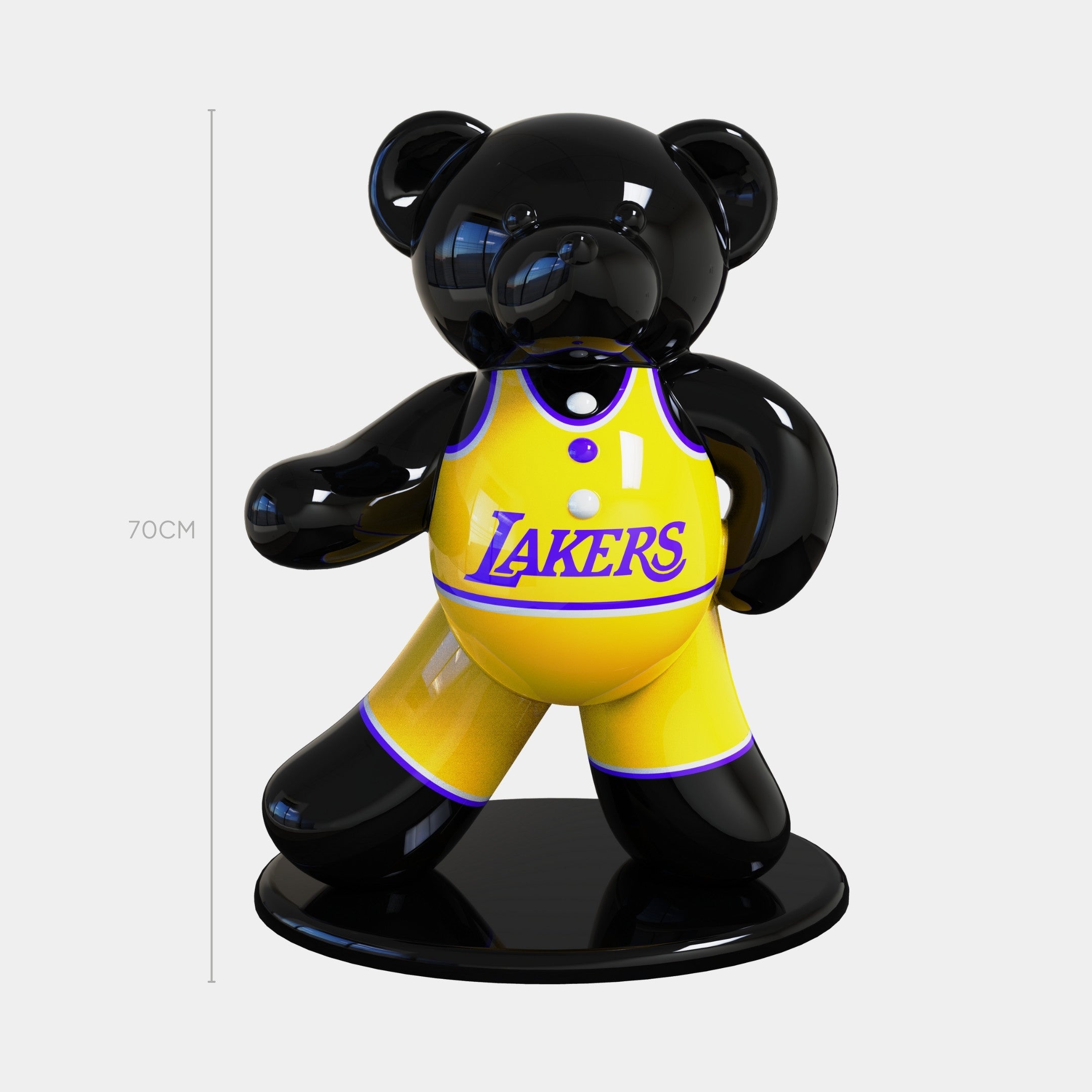 The Gacko Lakers Bear Sculpture by Giant Sculptures features a glossy black bear in a yellow basketball uniform on a black base. Standing 70cm tall, it adds dynamic basketball pop art flair to modern interiors.