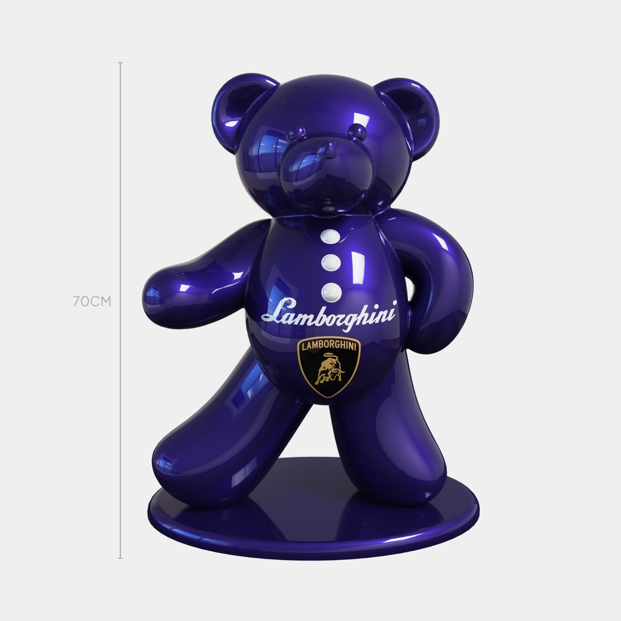 The Gacko Purple Lamborghini Bear Sculpture by Giant Sculptures stands 70cm tall with a round base, featuring "Lamborghini" across its chest and the iconic logo on its belly—perfect for contemporary interiors.