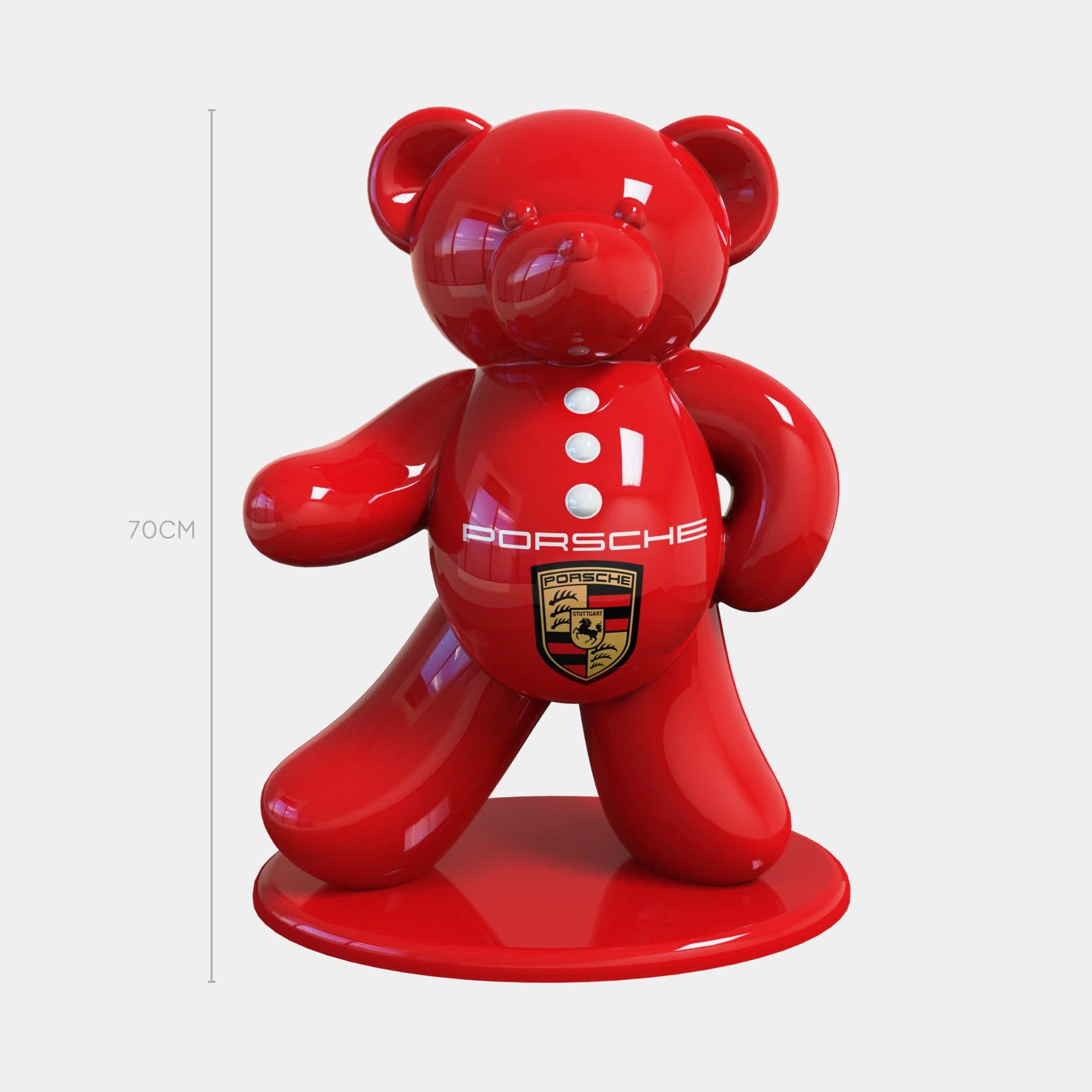 The Gacko Porsche Bear Sculpture - 70cm by Giant Sculptures is a glossy red pop art piece with three white buttons, Porsche branding, and logo on its chest, standing on a round base—perfect as limited edition decor for enthusiasts.
