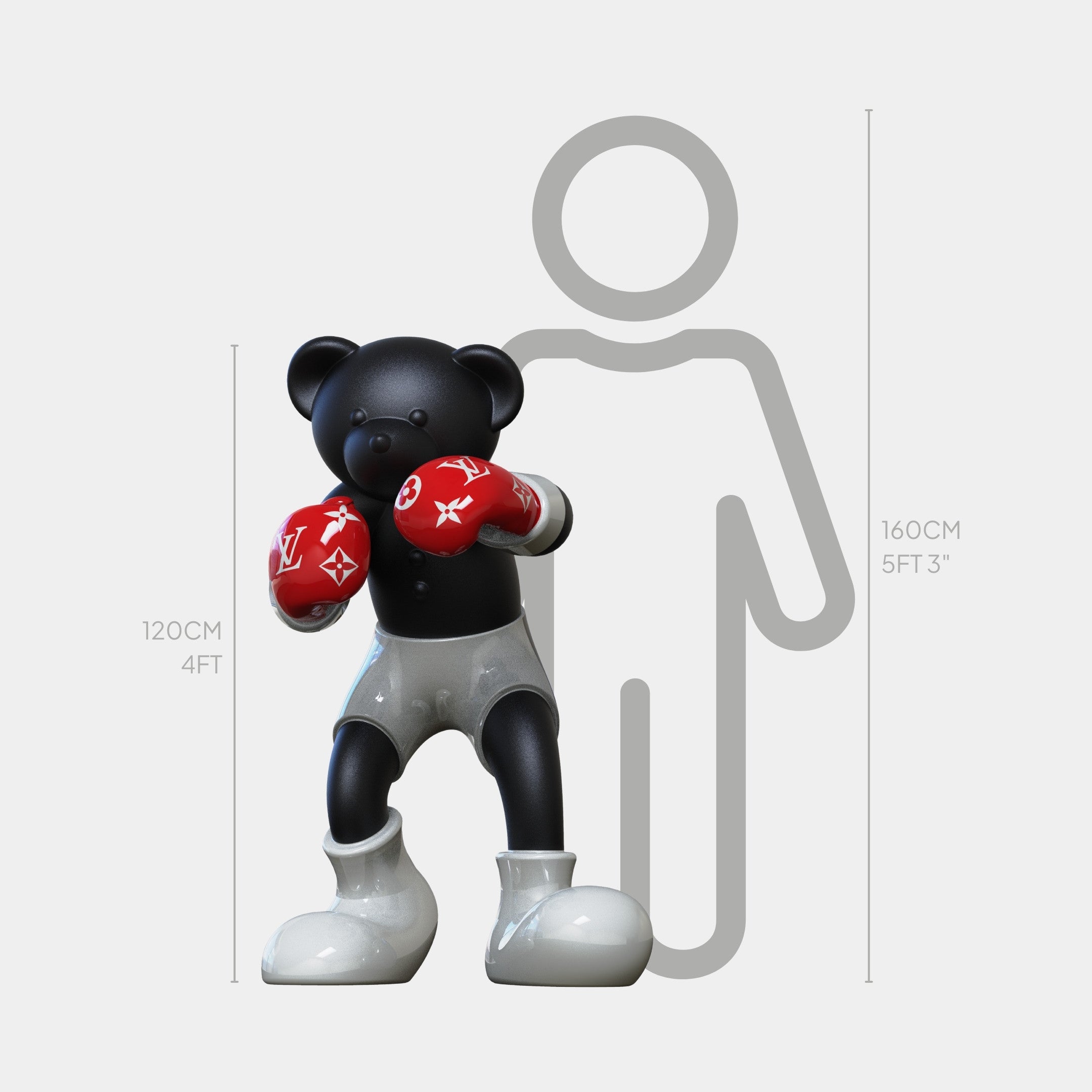 The Gacko Black & Red LV Boxer Bear Sculpture by Giant Sculptures stands 120cm tall, wearing red gloves, white shorts, and boots beside a height chart with a 160cm (5ft 3in) person outline. This is a limited edition collectible.