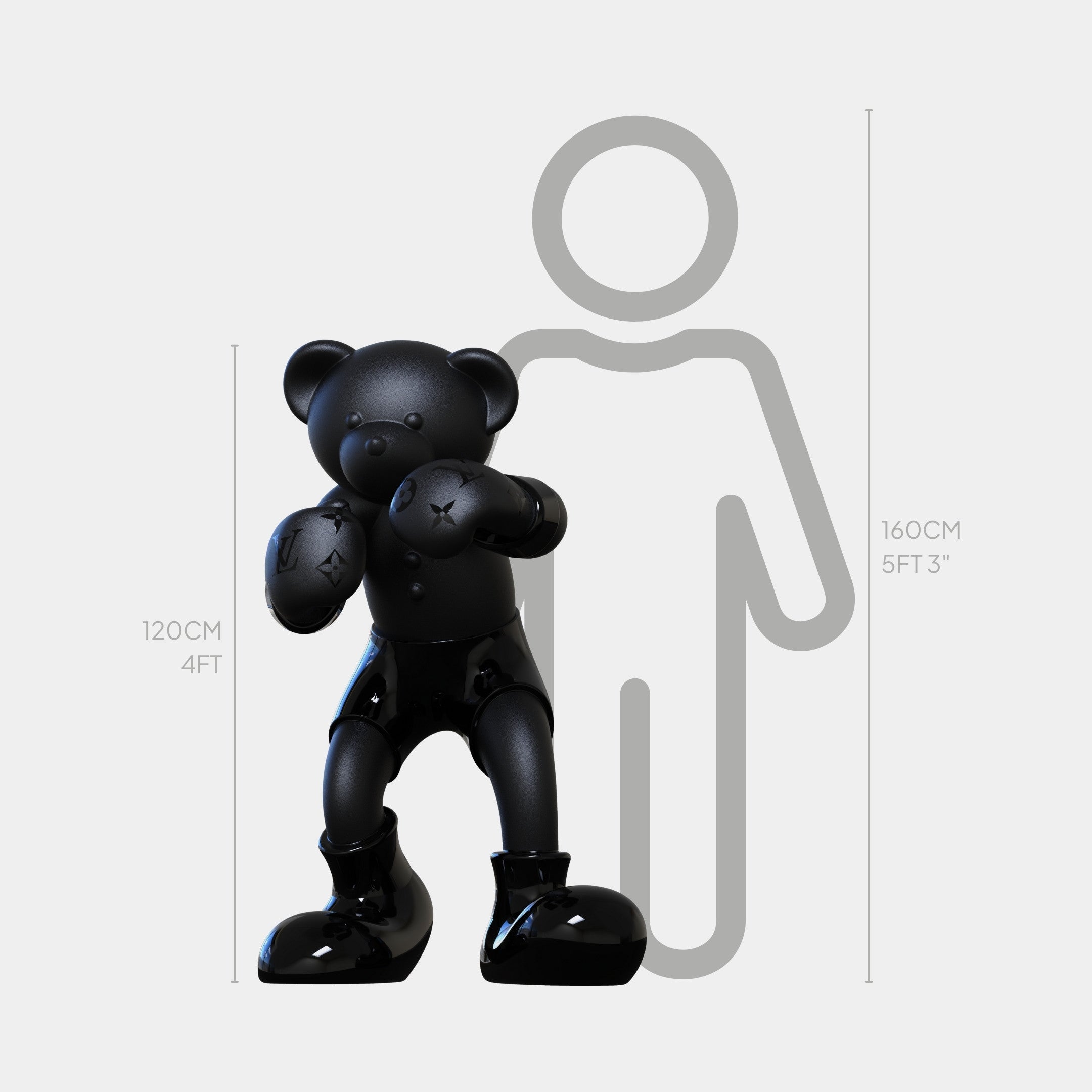 The Gacko Black LV Boxer Bear Sculpture by Giant Sculptures stands 120cm tall beside a 160cm gray human outline, emphasizing the bold presence of this striking limited edition pop art bear statue.