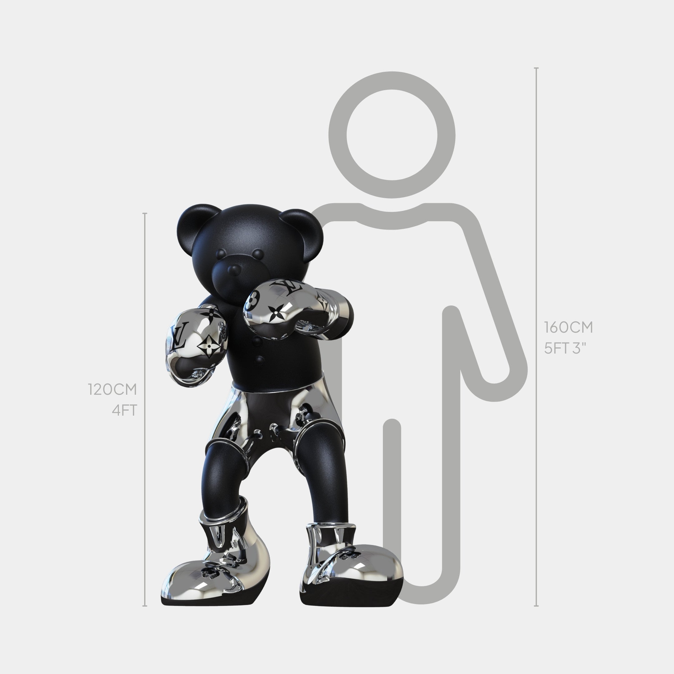 The Gacko Electroplated Chrome LV Boxer Bear Sculpture (120cm) by Giant Sculptures in black and silver stands next to a 160cm human outline, highlighting its striking size and modern pop art appeal.