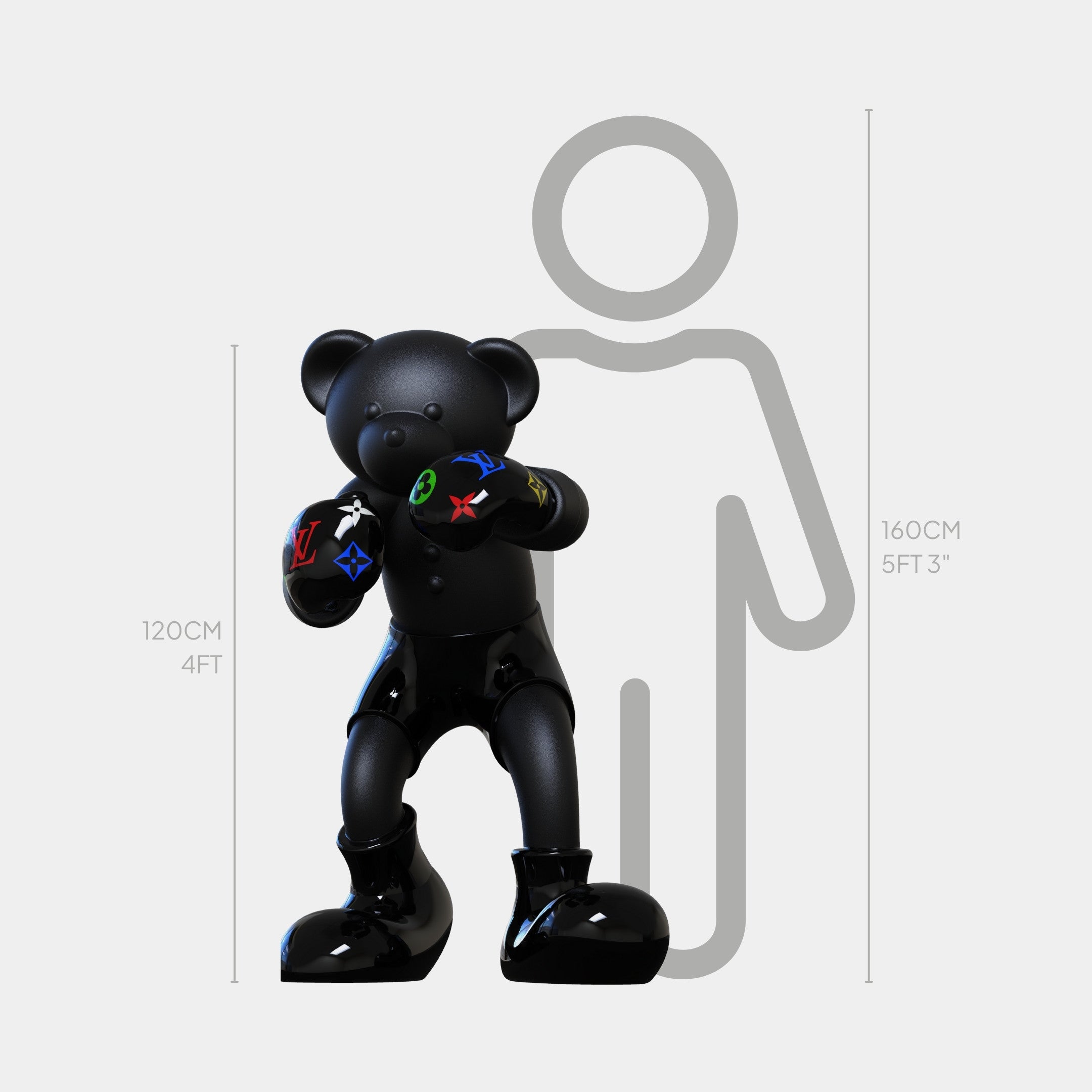 The Gacko Multicoloured LV Boxer Bear Sculpture - 120cm by Giant Sculptures stands before a gray human outline (160cm), featuring glossy black pop art with colorful paw symbols, designed in collaboration with André Gacko.