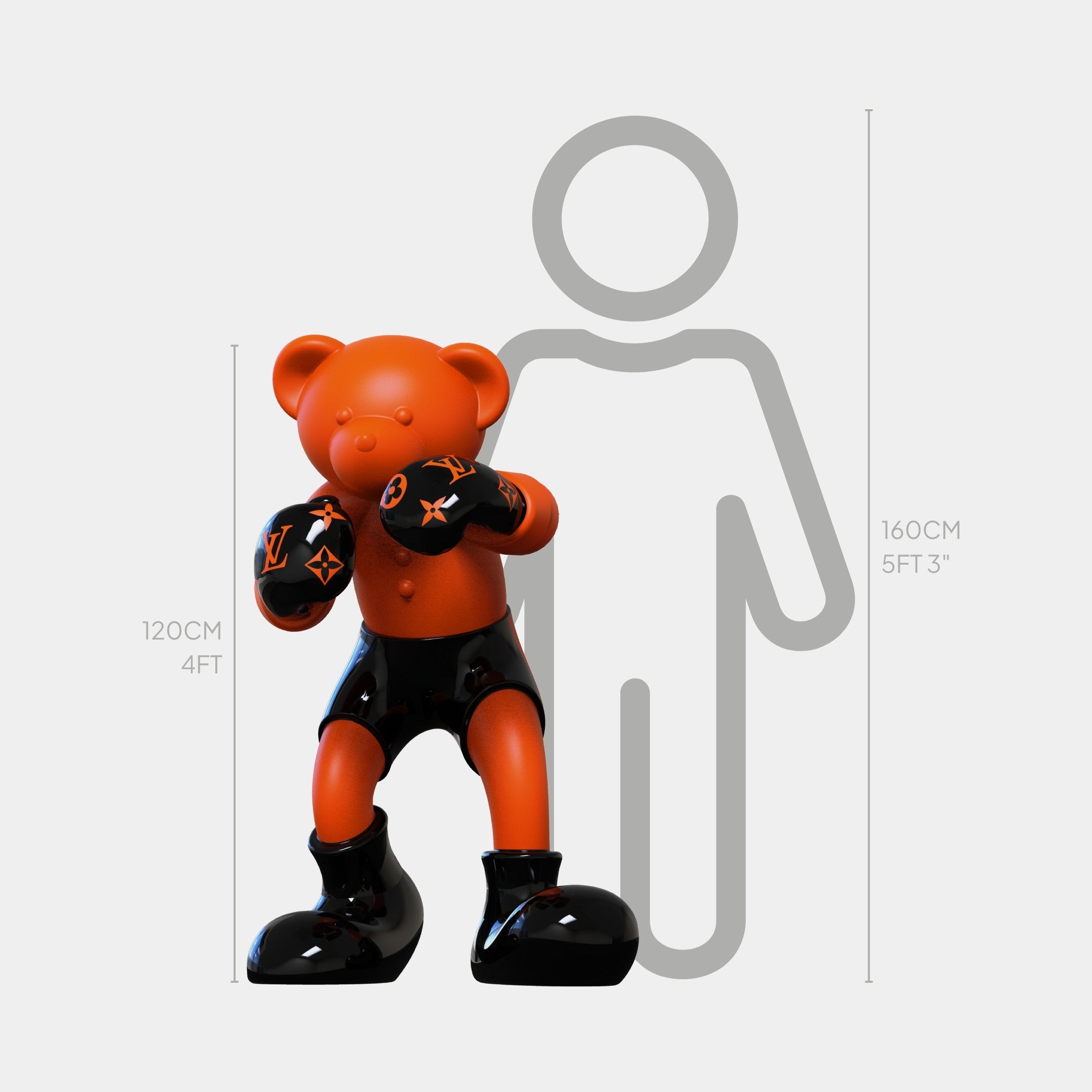 The Gacko Orange LV Boxer Bear Sculpture by Giant Sculptures stands 120cm tall, featuring an orange bear in black boxing gloves and shorts—an eye-catching Pop Art piece perfect for making a statement.