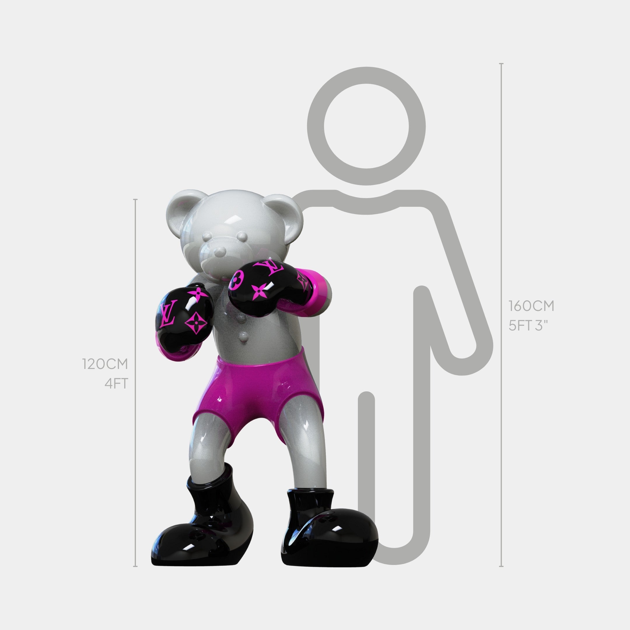 The Gacko Pink LV Boxer Bear Sculpture - 120cm by Giant Sculptures features a gray bear in pink and black boxing gear standing before a height chart, next to a 160 cm human silhouette—a bold Pop Art statement piece.